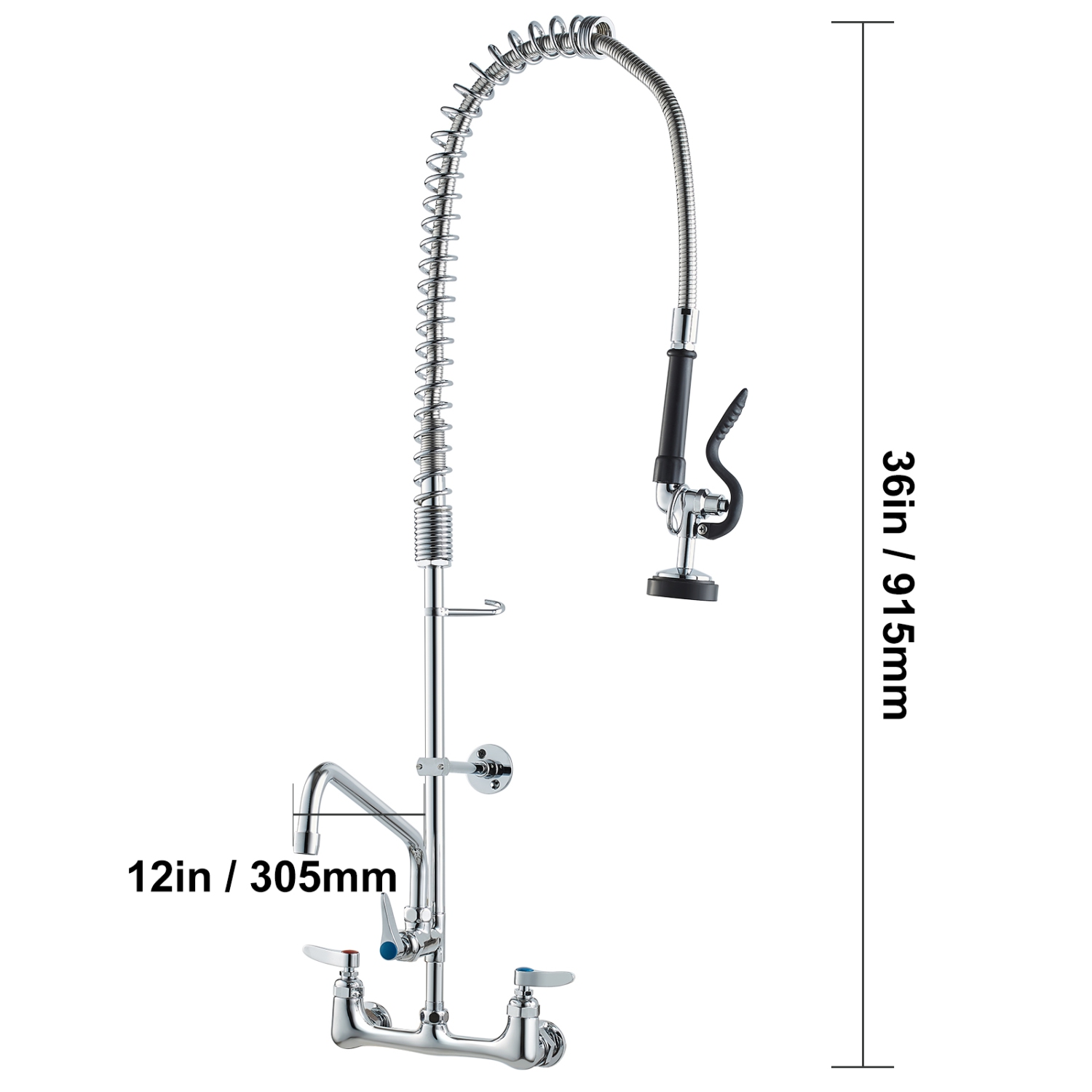 VEVOR 36" Tall Wall-Mounted Brass Kitchen Faucet, 8" Installation Width, Includes 12" Rotating Spout and Pull-Down Sprayer, Suitable for Single,