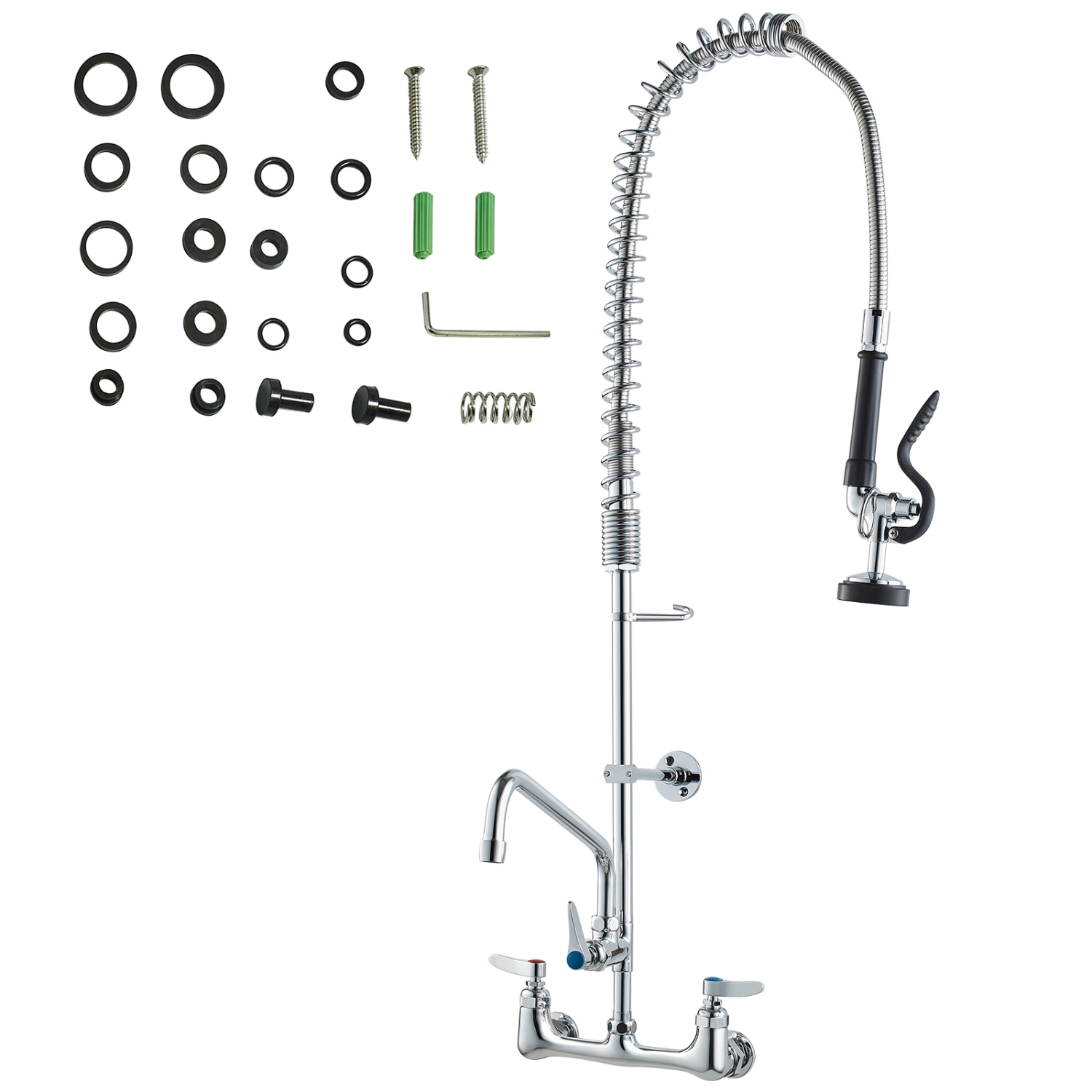 VEVOR 36" Tall Wall-Mounted Brass Kitchen Faucet, 8" Installation Width, Includes 12" Rotating Spout and Pull-Down Sprayer, Suitable for Single,