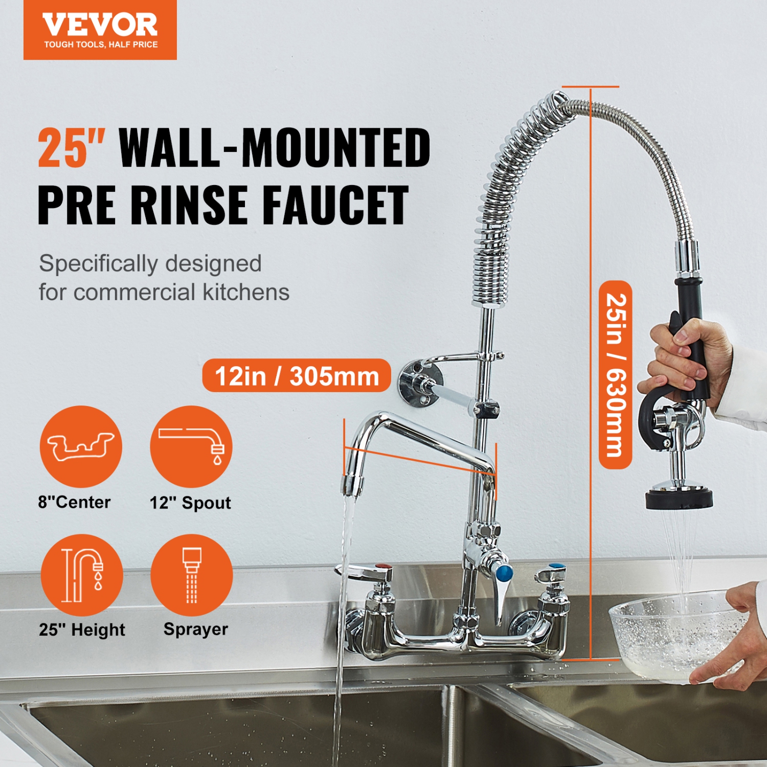 VEVOR 25" Tall Wall-Mounted Kitchen Faucet, 8" Center Distance, 12" Rotatable Spout, Includes Pre-Rinse Spray, Brass Build, Pull-Down Feature,