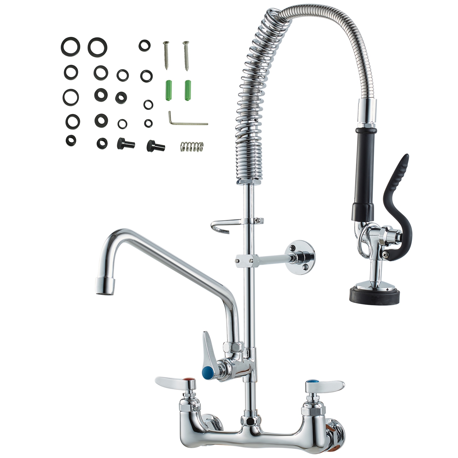 VEVOR 25" Tall Wall-Mounted Kitchen Faucet, 8" Center Distance, 12" Rotatable Spout, Includes Pre-Rinse Spray, Brass Build, Pull-Down Feature,