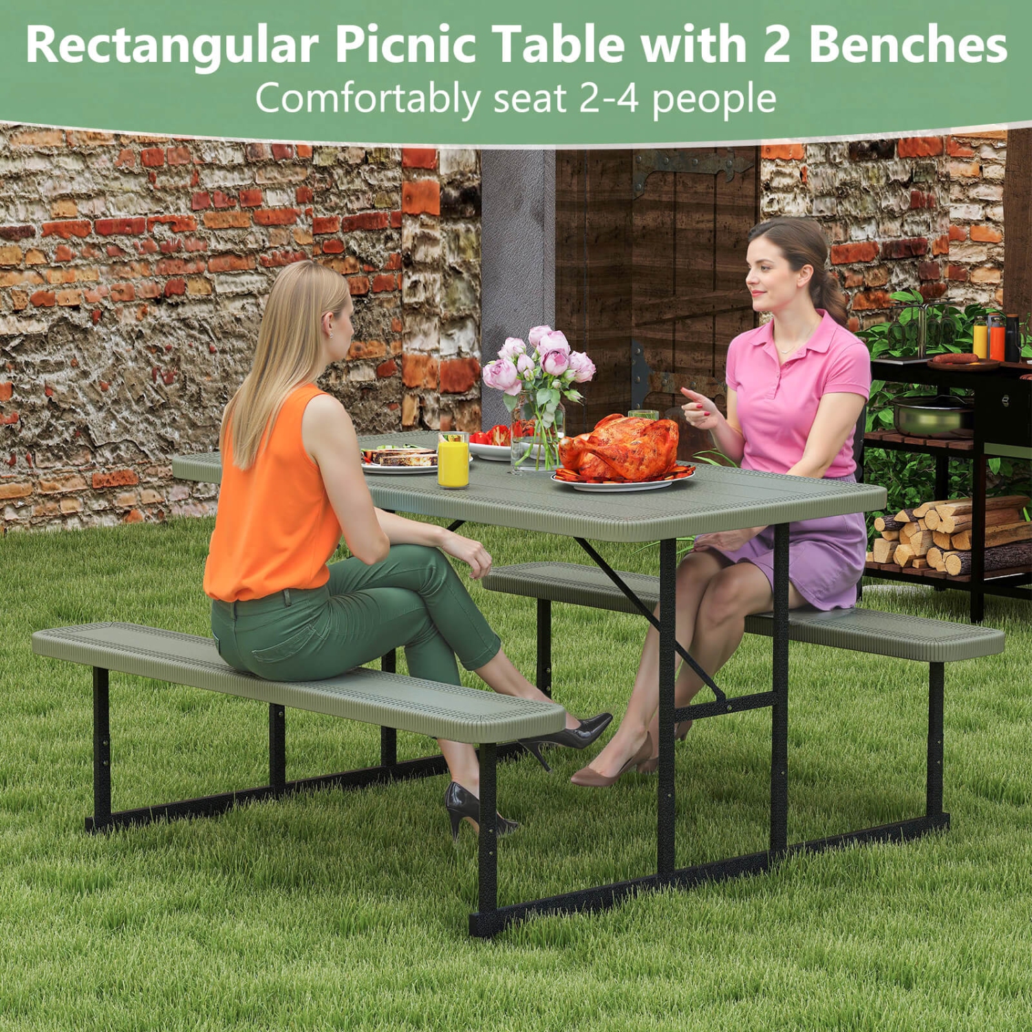 Costway Picnic Table Bench Set for 2-4 People Outdoor Rectangular Camping Dining Table Black/Gray/Green/White