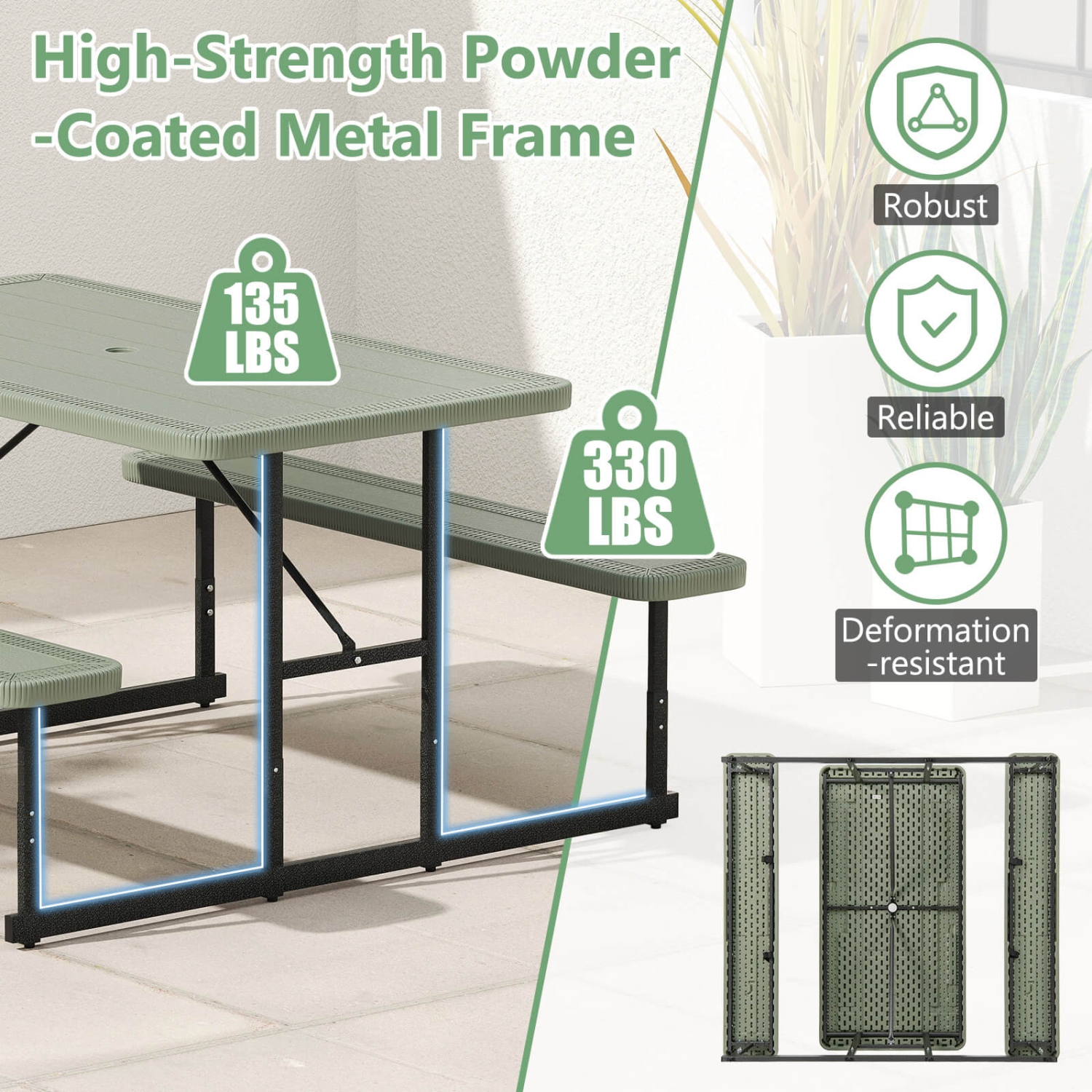 Costway Picnic Table Bench Set for 2-4 People Outdoor Rectangular Camping Dining Table Black/Gray/Green/White