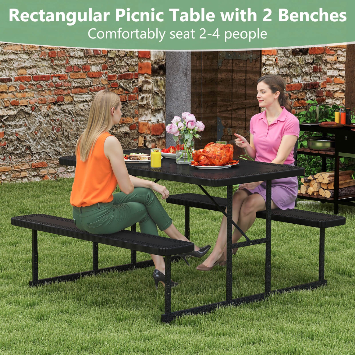 Costway Picnic Table Bench Set for 2-4 People Outdoor Rectangular Camping Dining Table Black/Gray/Green/White