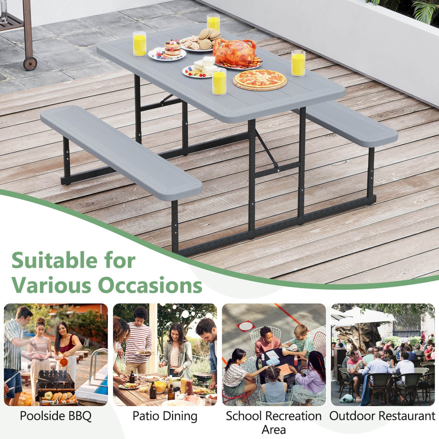 Costway Picnic Table Bench Set for 2-4 People Outdoor Rectangular Camping Dining Table Black/Gray/Green/White