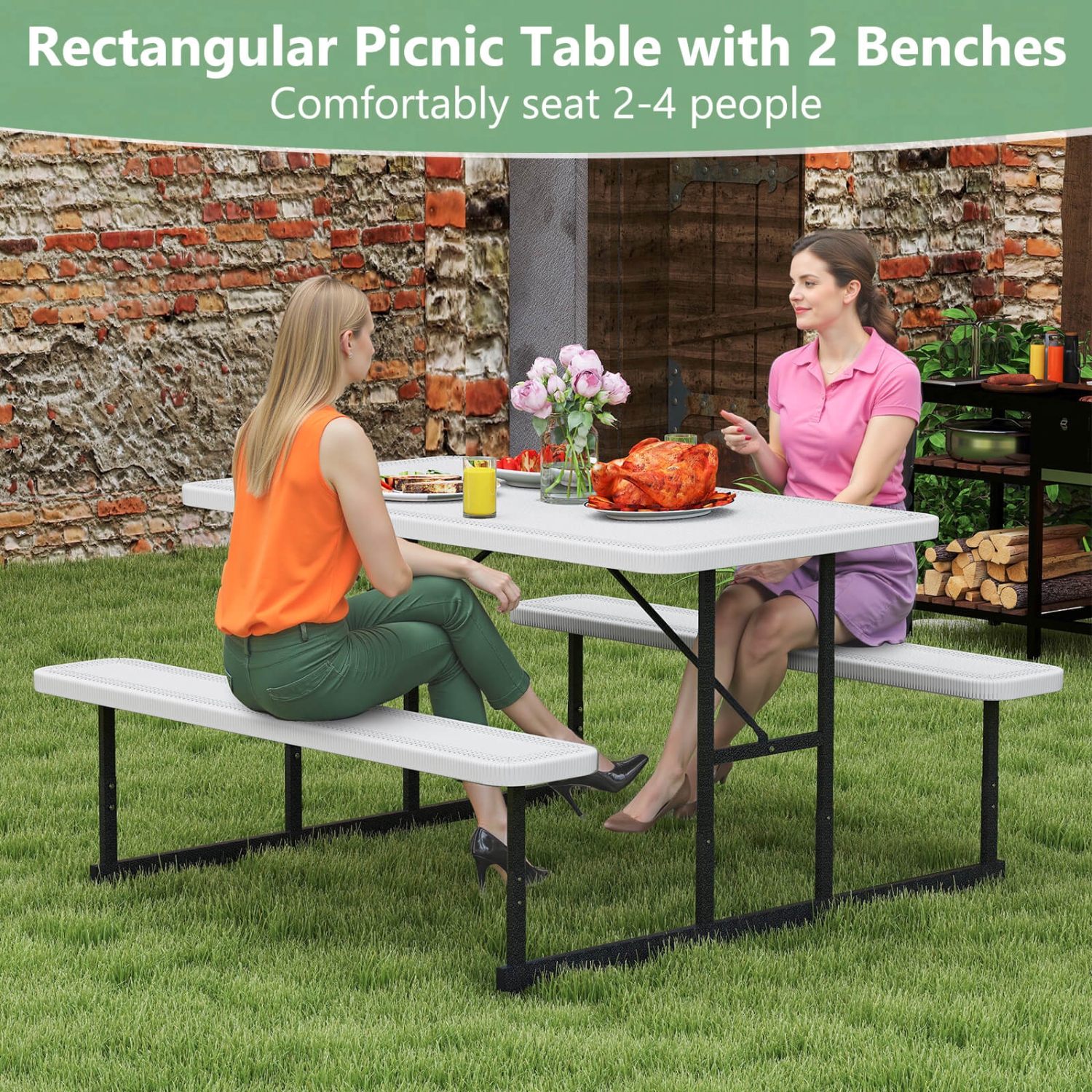 Costway Picnic Table Bench Set for 2-4 People Outdoor Rectangular Camping Dining Table Black/Gray/Green/White