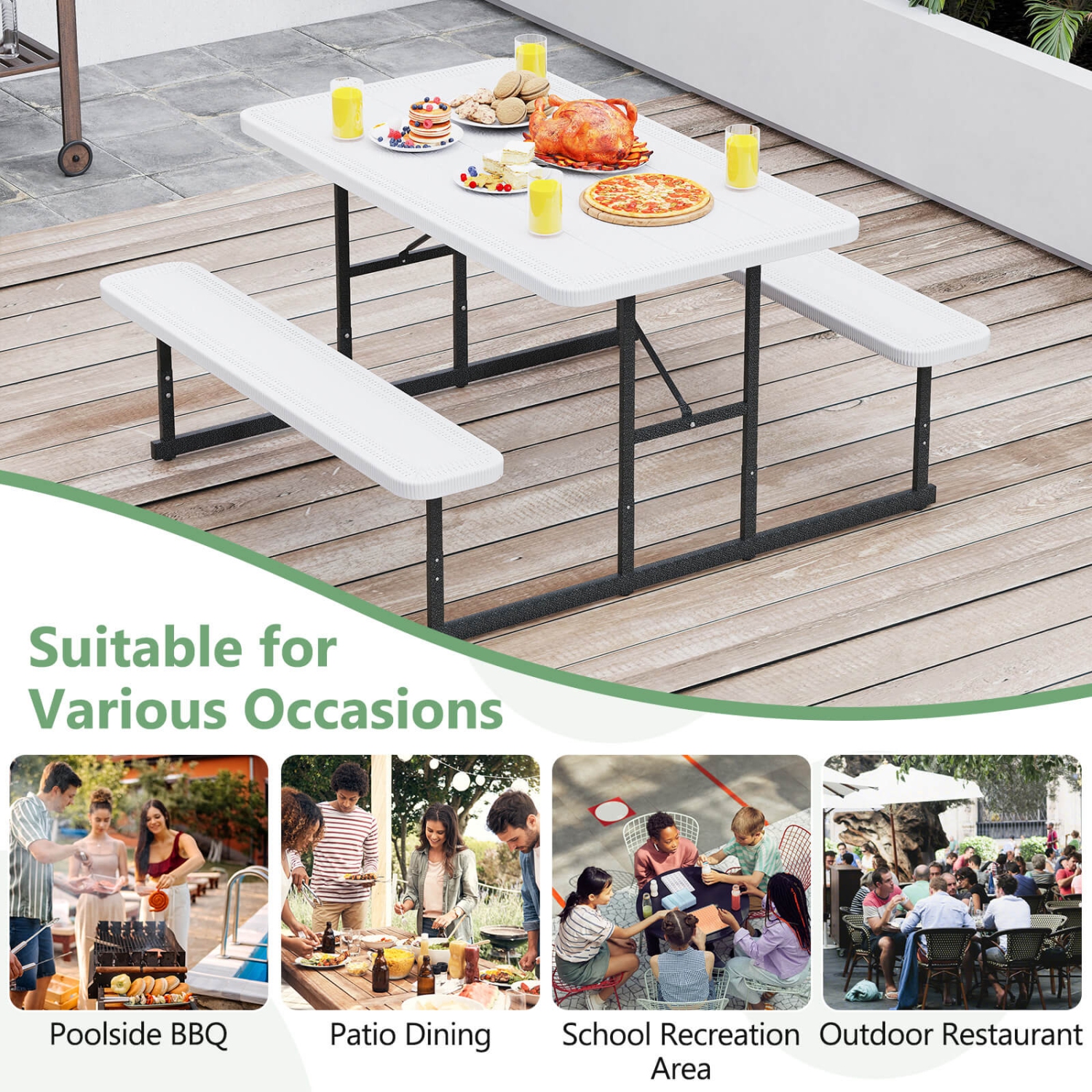 Costway Picnic Table Bench Set for 2-4 People Outdoor Rectangular Camping Dining Table Black/Gray/Green/White