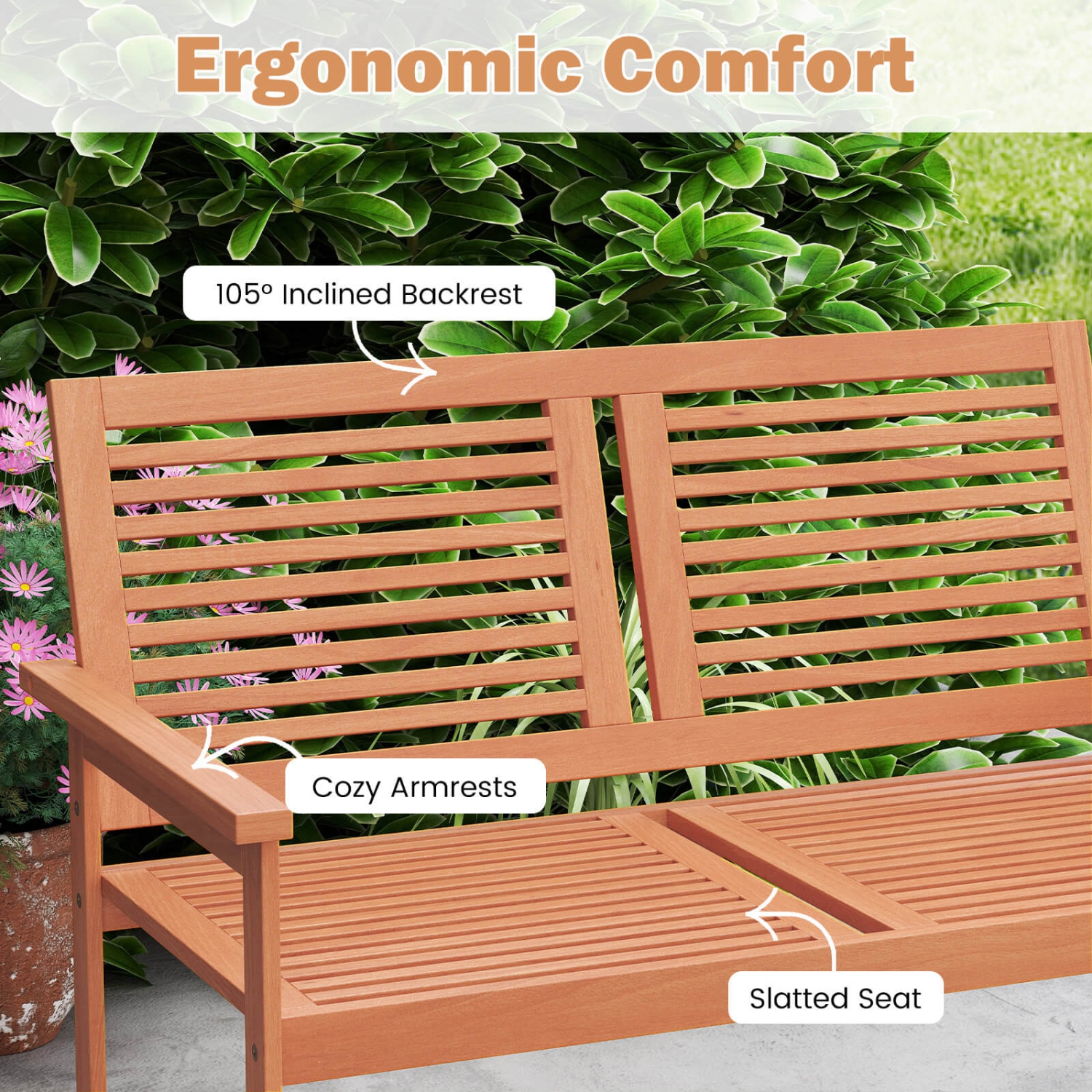 Costway 2-Person Patio Bench with Slatted Backrest and Seat Garden Loveseat Chair Furniture