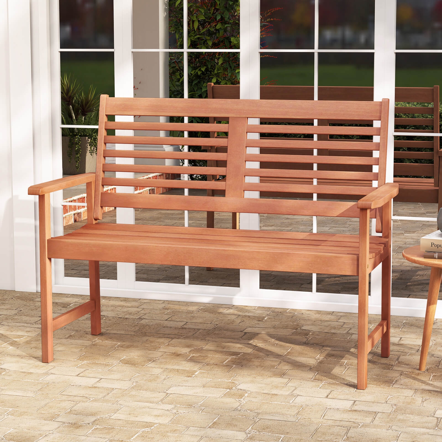 Costway Patio Solid Wood Loveseat with Inclined Backrest & Slatted Seat Teak Painting