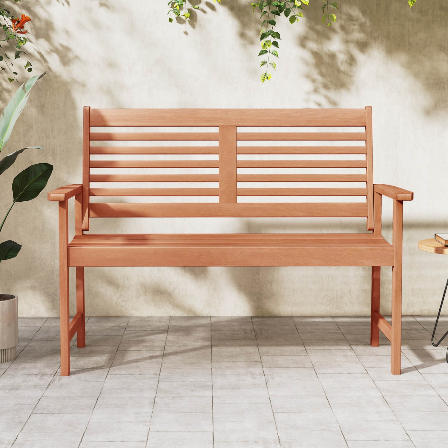 Costway Patio Solid Wood Loveseat with Inclined Backrest & Slatted Seat Teak Painting