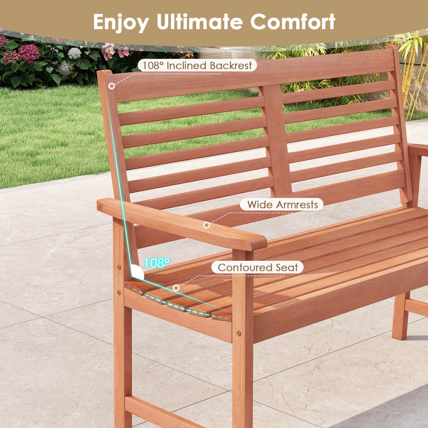 Costway Patio Solid Wood Loveseat with Inclined Backrest & Slatted Seat Teak Painting