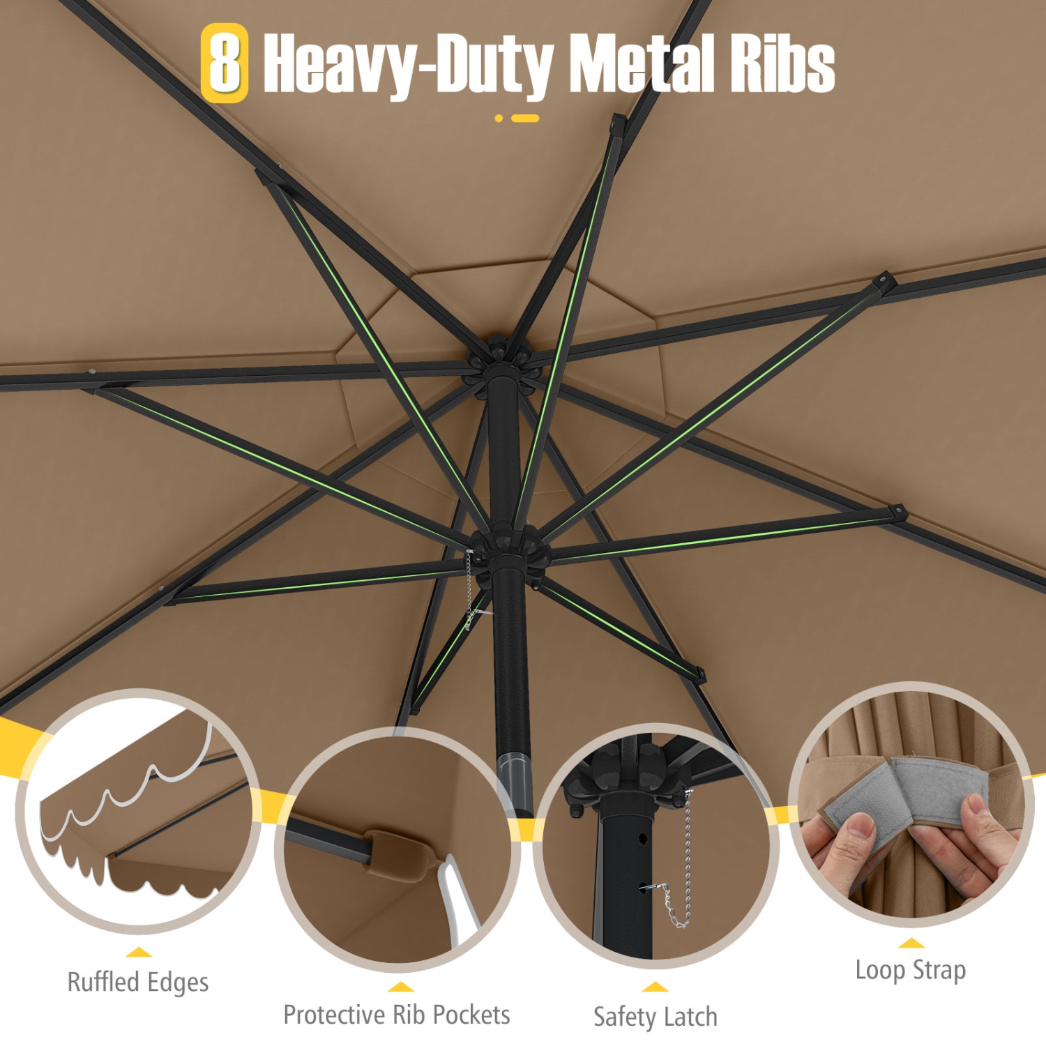 Costway 10 FT Patio Umbrella with Crank Tilt Adjustment Ruffles Vented Top 8 Ribs Beige/Brown/Gray/Blue/Red