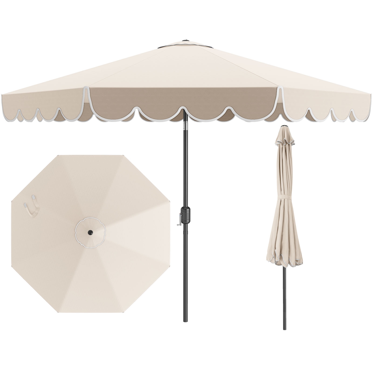 Costway 10 FT Patio Umbrella with Crank Tilt Adjustment Ruffles Vented Top 8 Ribs Beige/Brown/Gray/Blue/Red