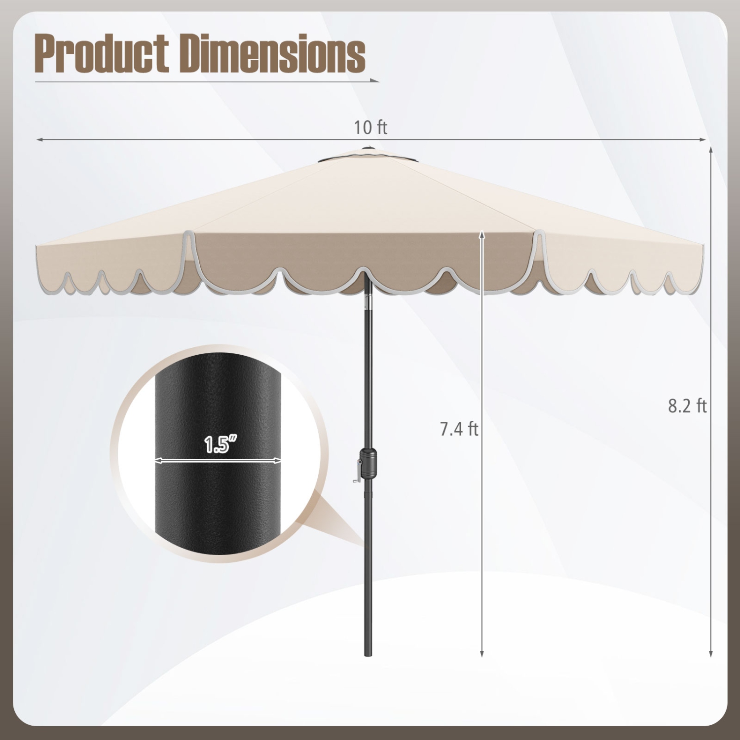 Costway 10 FT Patio Umbrella with Crank Tilt Adjustment Ruffles Vented Top 8 Ribs Beige/Brown/Gray/Blue/Red