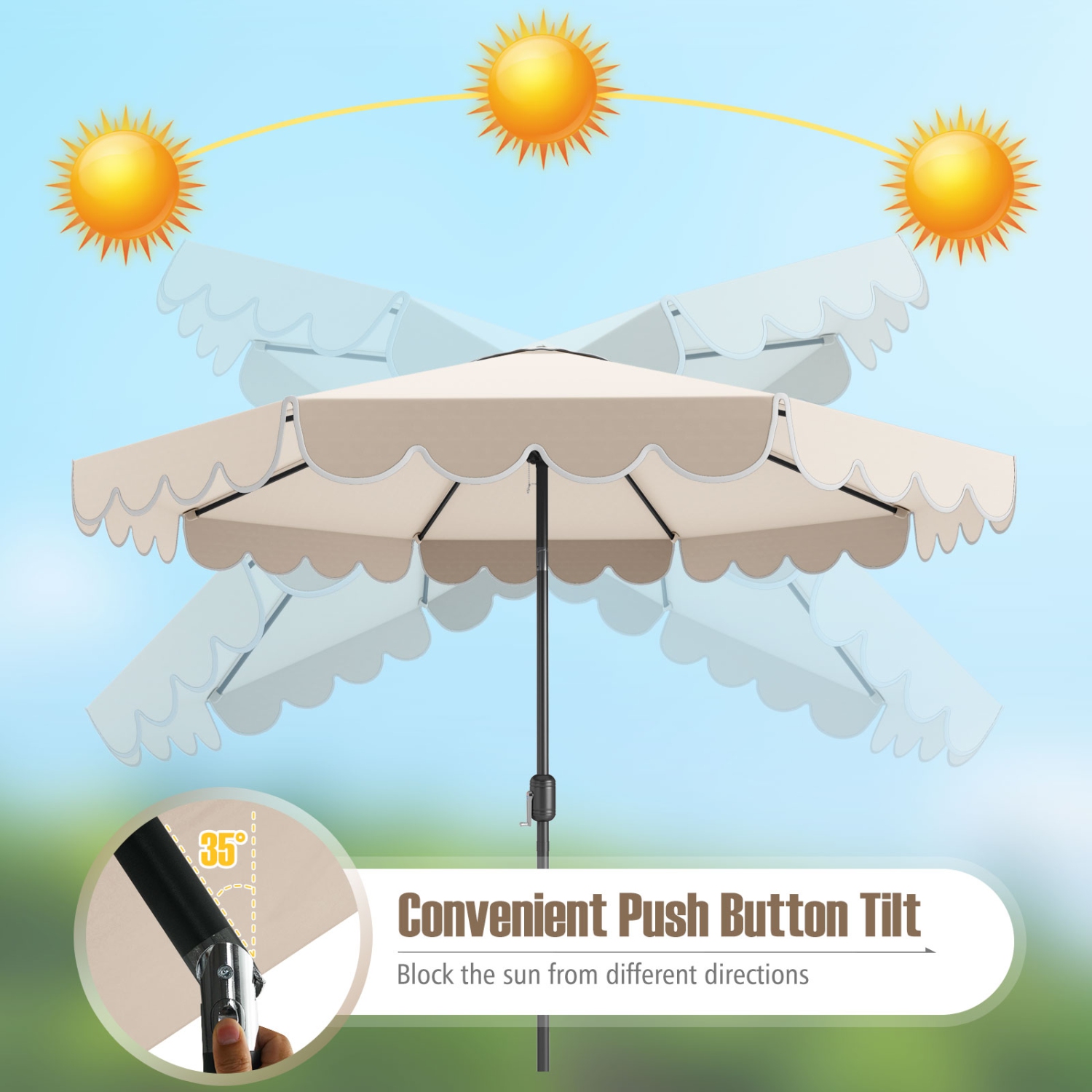 Costway 10 FT Patio Umbrella with Crank Tilt Adjustment Ruffles Vented Top 8 Ribs Beige/Brown/Gray/Blue/Red