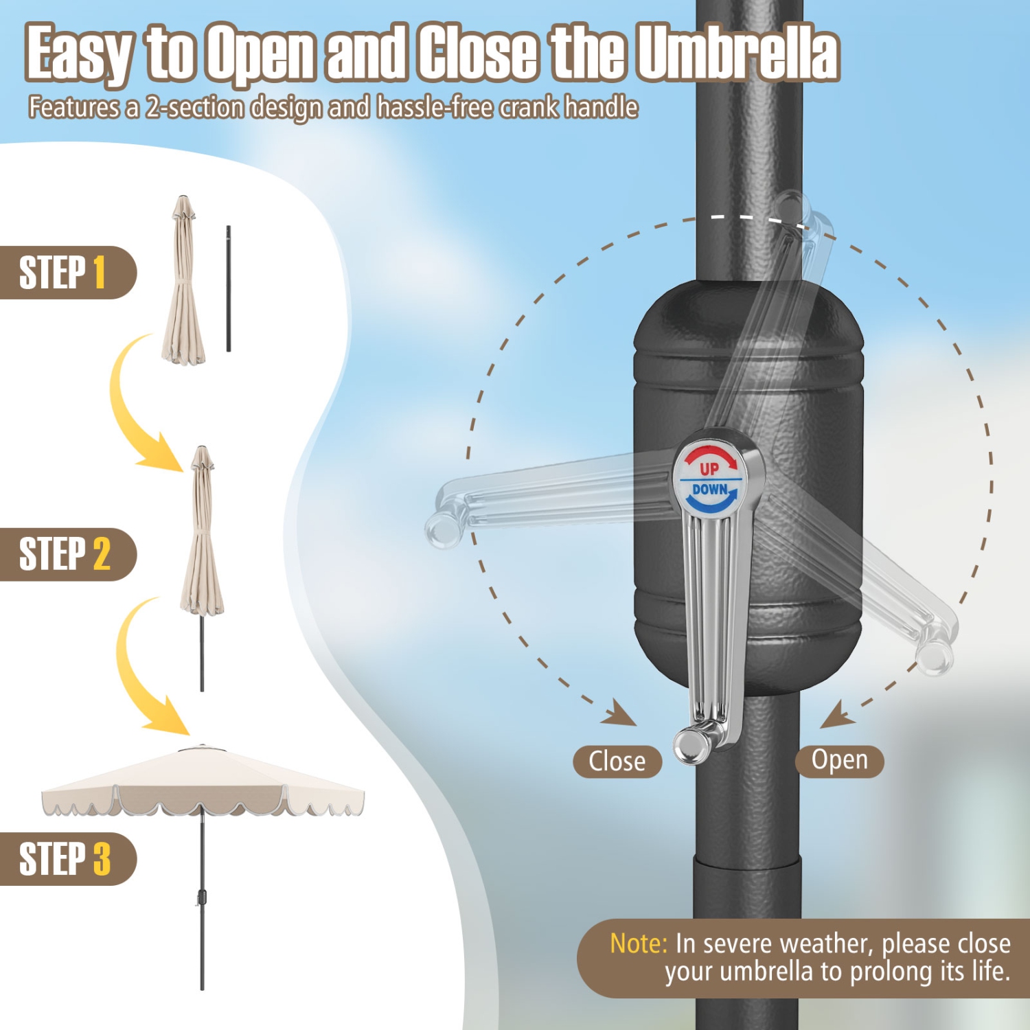 Costway 10 FT Patio Umbrella with Crank Tilt Adjustment Ruffles Vented Top 8 Ribs Beige/Brown/Gray/Blue/Red