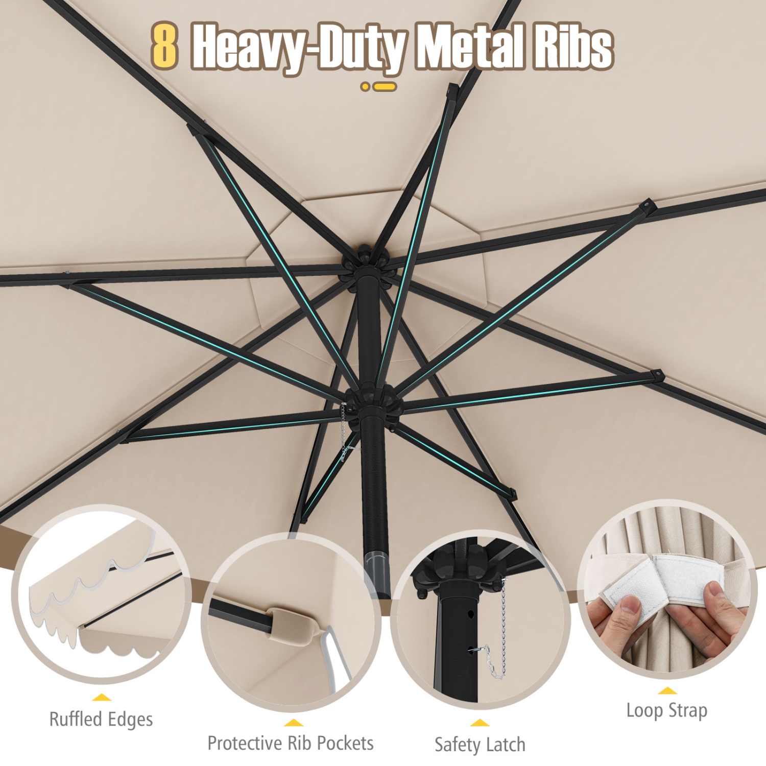 Costway 10 FT Patio Umbrella with Crank Tilt Adjustment Ruffles Vented Top 8 Ribs Beige/Brown/Gray/Blue/Red