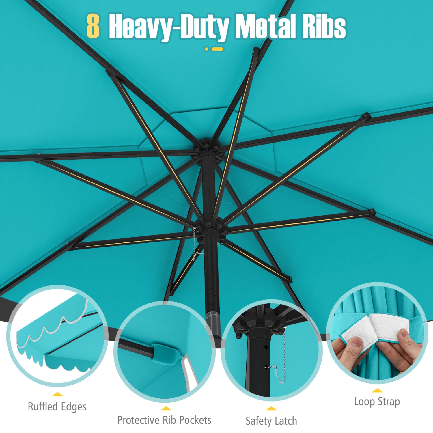 Costway 10 FT Patio Umbrella with Crank Tilt Adjustment Ruffles Vented Top 8 Ribs Beige/Brown/Gray/Blue/Red