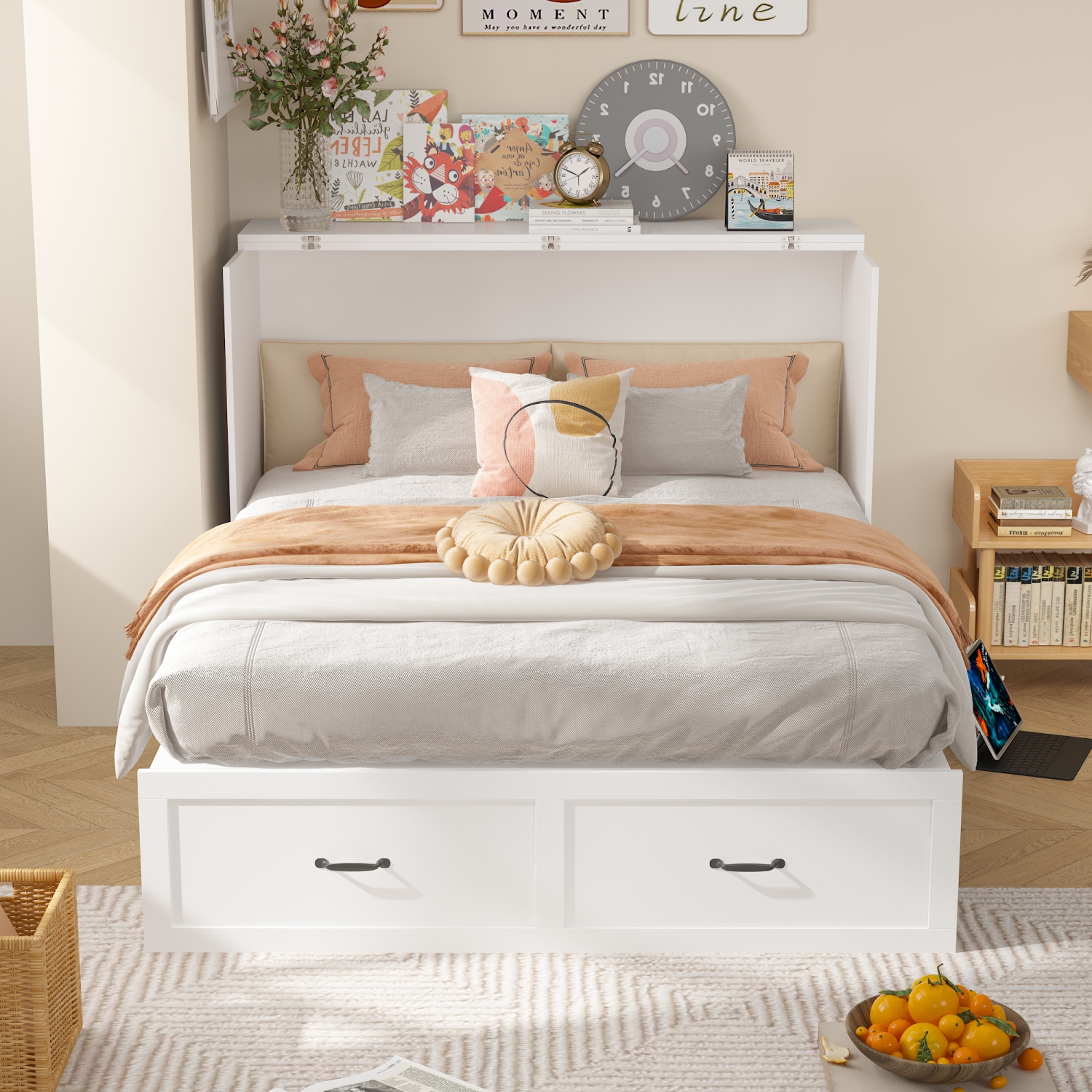 Famapy – Armoire de lit pliable blanche 61,9 po, 7 tiroirs et poignées en métal, grand lit mural avec armoire de rangement cachée, blanc