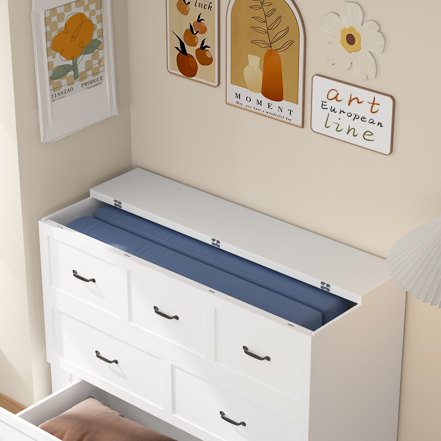 Famapy – Armoire de lit pliable blanche 61,9 po, 7 tiroirs et poignées en métal, grand lit mural avec armoire de rangement cachée, blanc