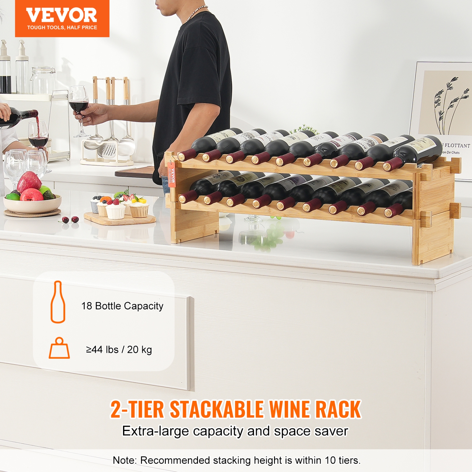 VEVOR 18 Bottle Stackable Modular Wine Rack, 2-Tier Solid Bamboo Wood ...