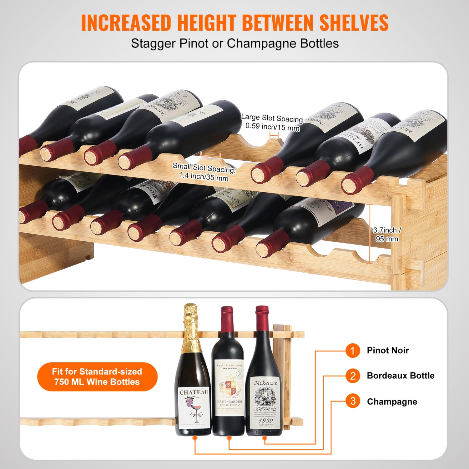 VEVOR 18 Bottle Stackable Modular Wine Rack, 2-Tier Solid Bamboo Wood ...