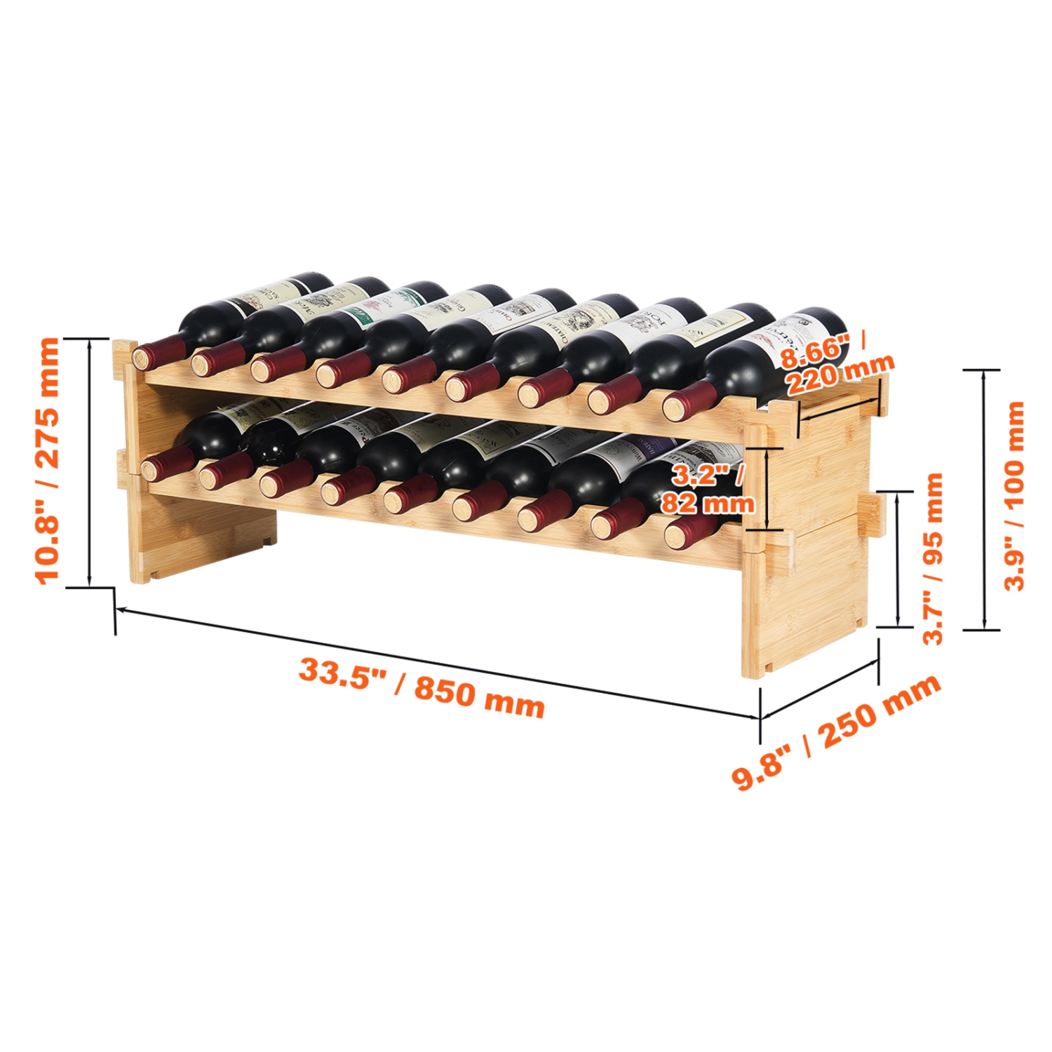 VEVOR 18 Bottle Stackable Modular Wine Rack, 2-Tier Solid Bamboo Wood ...