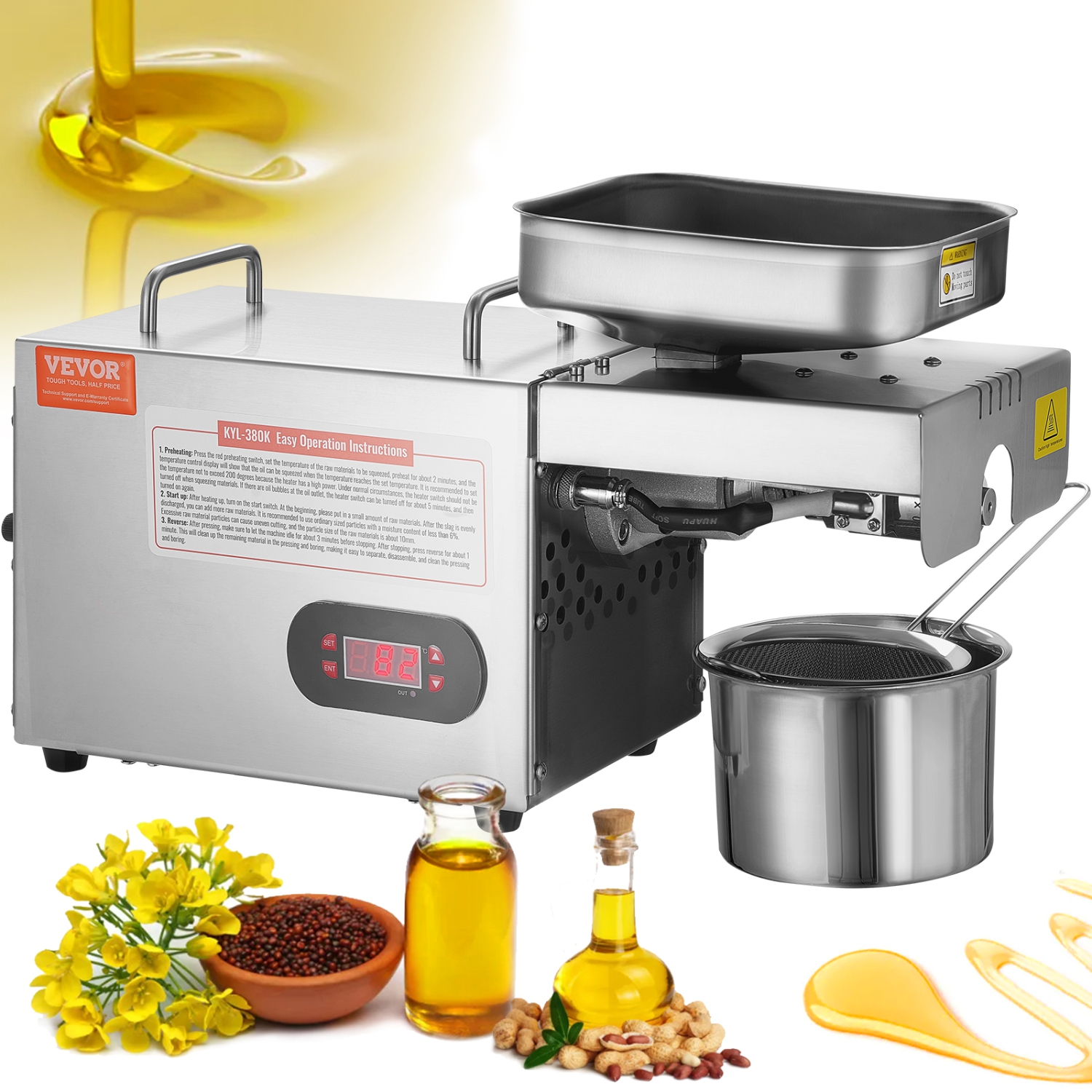VEVOR 850W Electric Oil Press Machine, Stainless Steel Oil Extractor Machine, Adjustable 0-300℃ / 32 - 572 ℉ Temperature, Hot Press Oil Expeller for