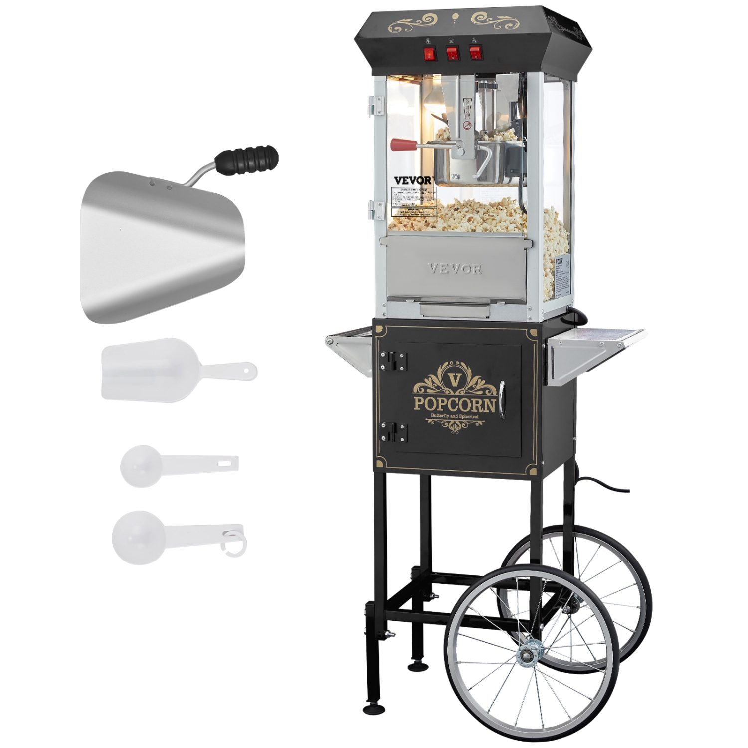 VEVOR 850W Popcorn Popper Machinewith Cart, 8 Oz Kettle Makes 48 Cups per Batch, Popcorn Maker Equipped with Tempered Glass, Includes 4 Scoops, Movie
