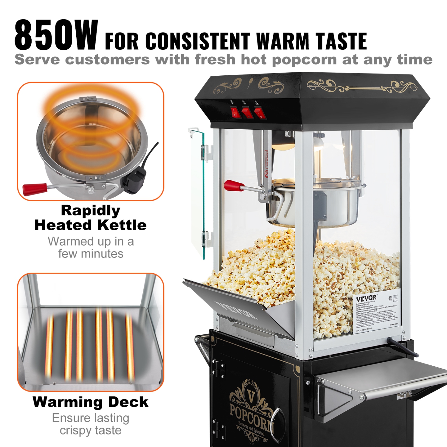 VEVOR 850W Popcorn Popper Machinewith Cart, 8 Oz Kettle Makes 48 Cups per Batch, Popcorn Maker Equipped with Tempered Glass, Includes 4 Scoops, Movie