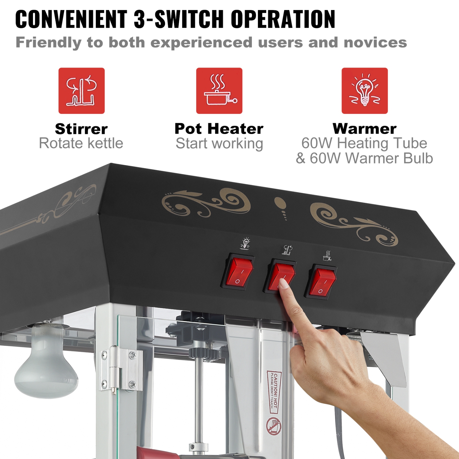 VEVOR 850W Popcorn Popper Machinewith Cart, 8 Oz Kettle Makes 48 Cups per Batch, Popcorn Maker Equipped with Tempered Glass, Includes 4 Scoops, Movie