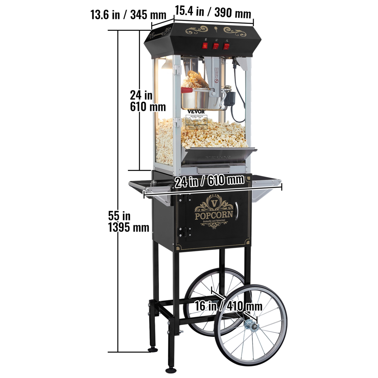 VEVOR 850W Popcorn Popper Machinewith Cart, 8 Oz Kettle Makes 48 Cups per Batch, Popcorn Maker Equipped with Tempered Glass, Includes 4 Scoops, Movie