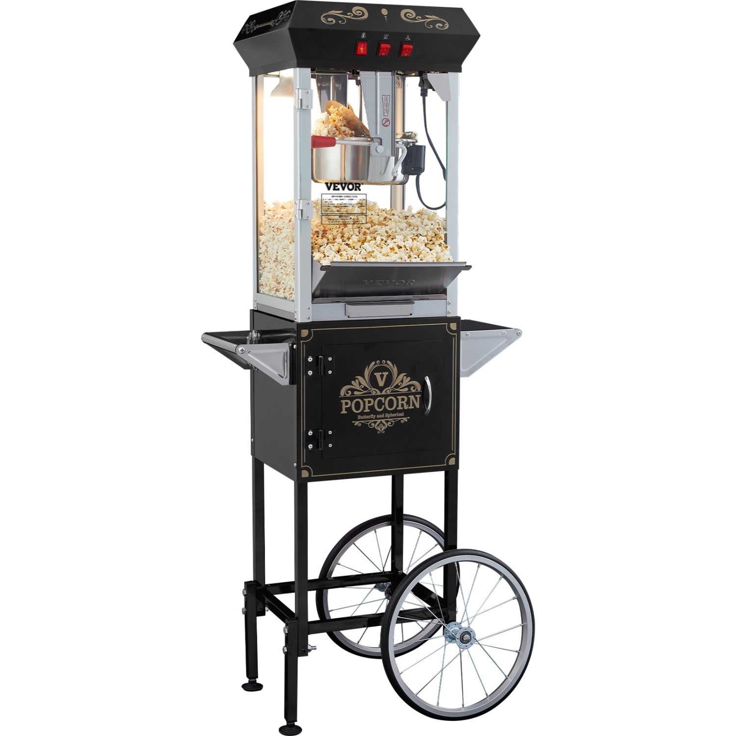 VEVOR 850W Popcorn Popper Machinewith Cart, 8 Oz Kettle Makes 48 Cups per Batch, Popcorn Maker Equipped with Tempered Glass, Includes 4 Scoops, Movie