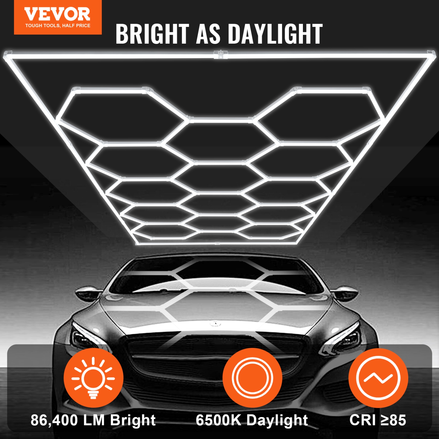 VEVOR 86400LM Honeycomb Hexagon Garage Lights, 6500K 14 Grid Systems LED Lights, DIY Cool White Car Detailing Garage Ceiling Lighting Bright Shop