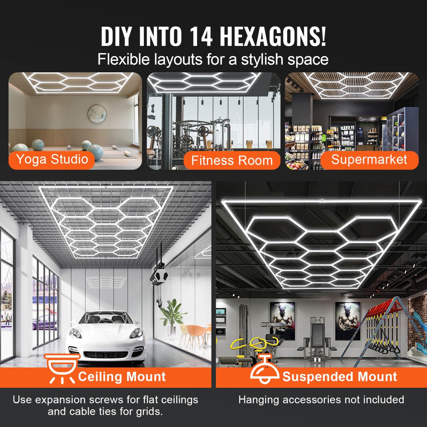 VEVOR 86400LM Honeycomb Hexagon Garage Lights, 6500K 14 Grid Systems LED Lights, DIY Cool White Car Detailing Garage Ceiling Lighting Bright Shop