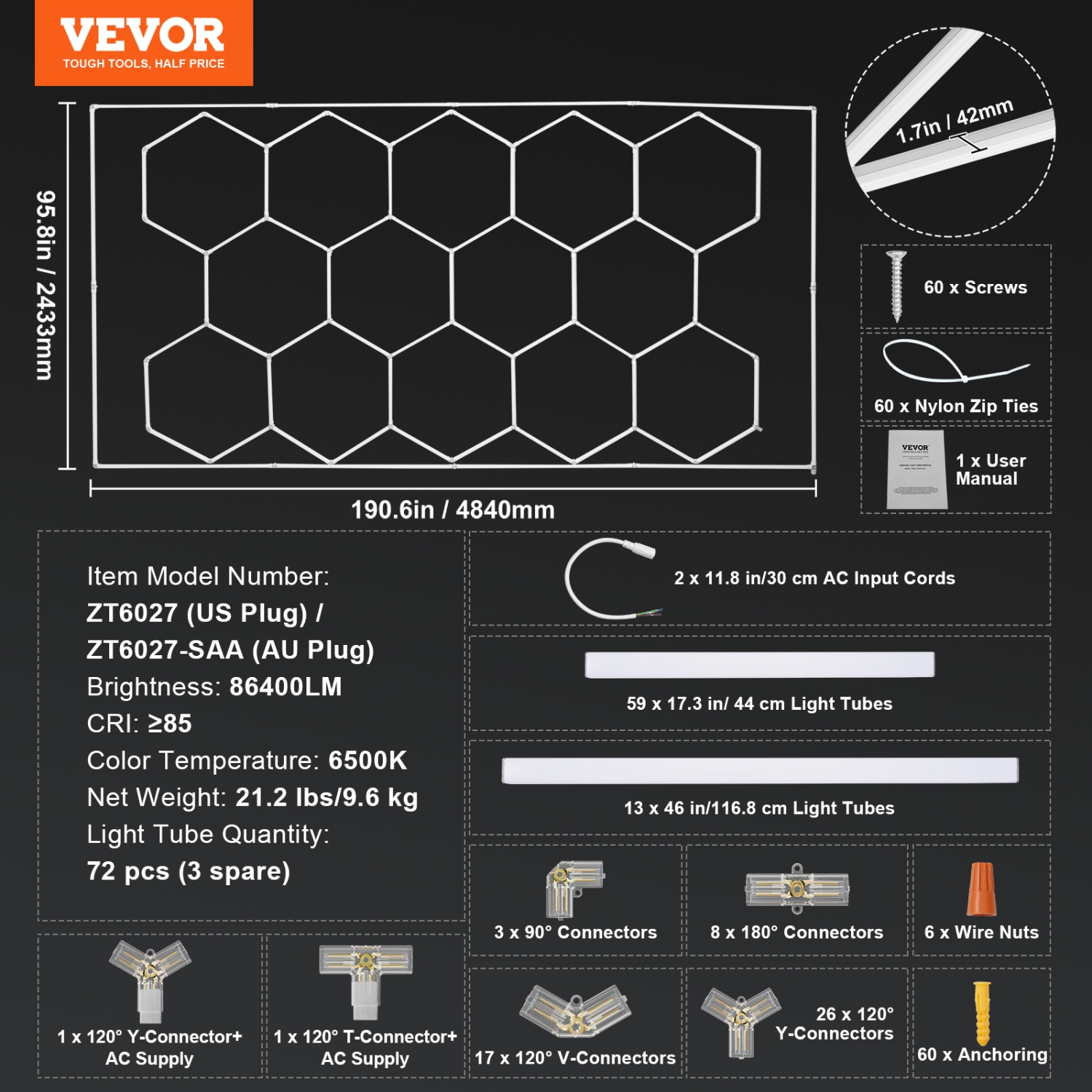 VEVOR 86400LM Honeycomb Hexagon Garage Lights, 6500K 14 Grid Systems LED Lights, DIY Cool White Car Detailing Garage Ceiling Lighting Bright Shop