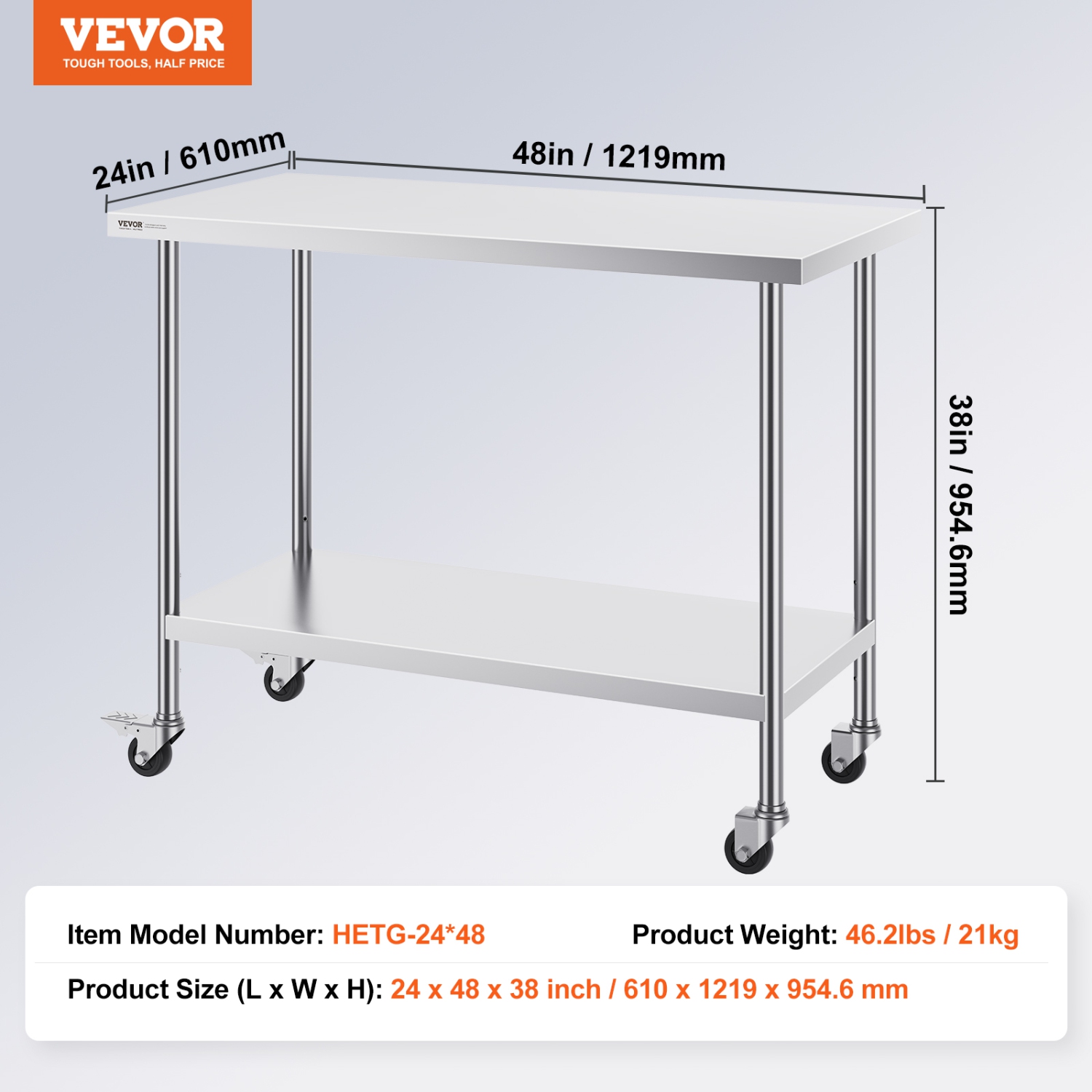 VEVOR 24 x 48 x 38 Inch Stainless Steel Work Table, with 4 Wheels, 3 Adjustable Height Levels, Heavy Duty Food Prep Worktable for Commercial Kitchen