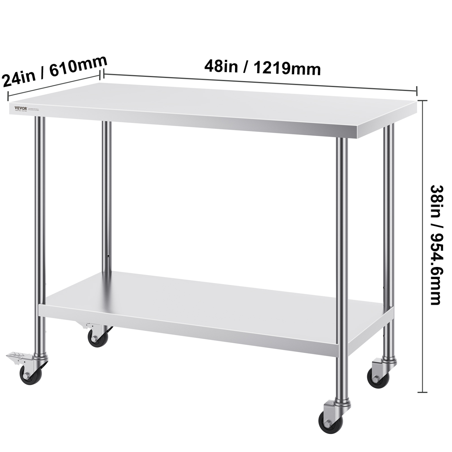 VEVOR 24 x 48 x 38 Inch Stainless Steel Work Table, with 4 Wheels, 3 Adjustable Height Levels, Heavy Duty Food Prep Worktable for Commercial Kitchen