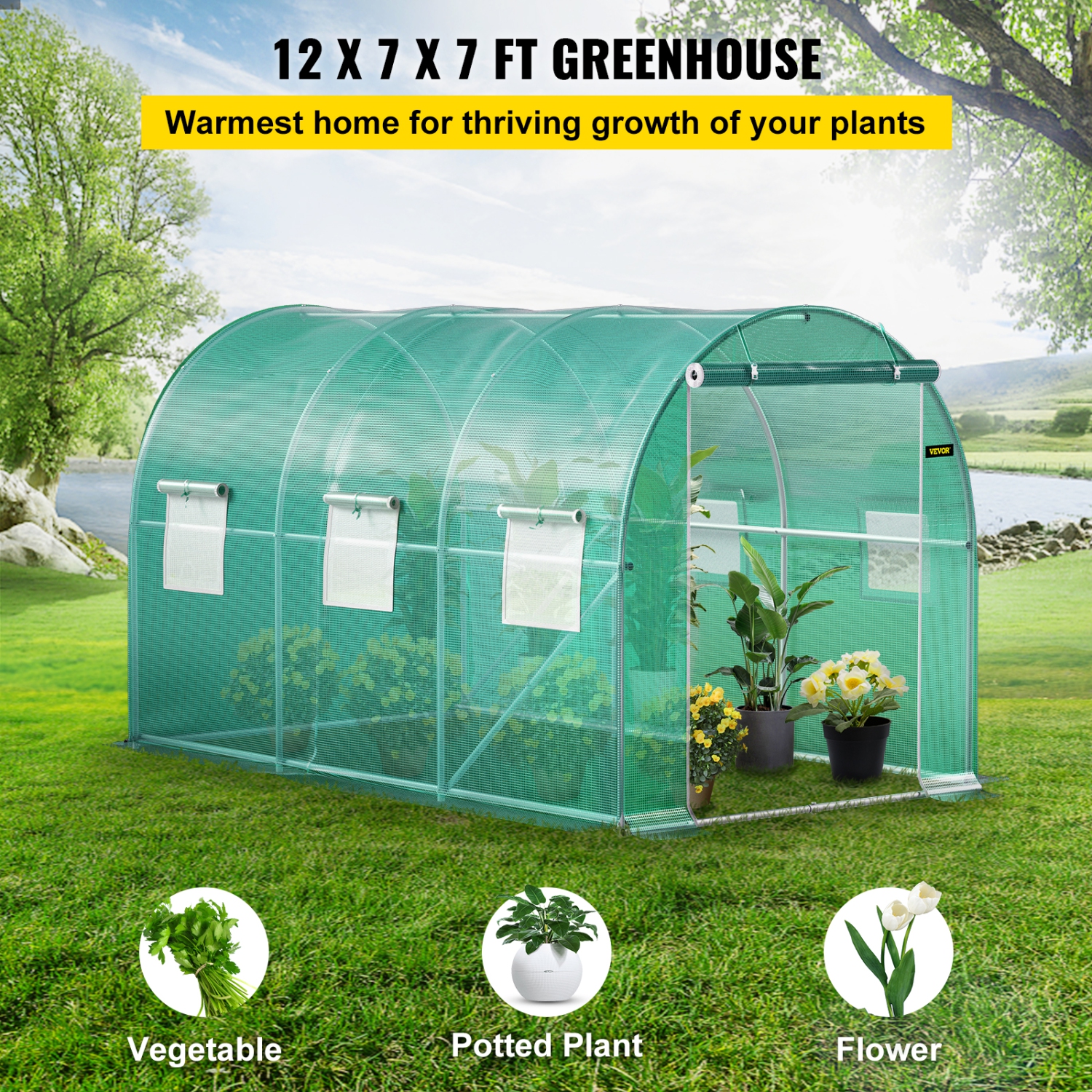 VEVOR 12 x 7 x 7 ft Walk-in Tunnel Greenhouse, Portable Plant Hot House with Galvanized Steel Hoops, 1 Top Beams, 2 Diagonal Poles, 1 Zippered Door &