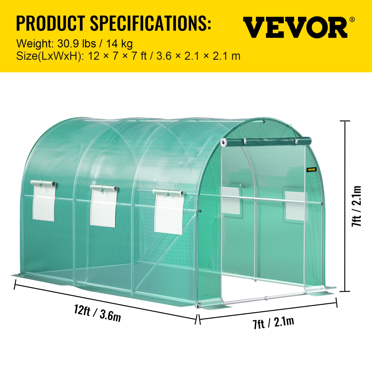 VEVOR 12 x 7 x 7 ft Walk-in Tunnel Greenhouse, Portable Plant Hot House with Galvanized Steel Hoops, 1 Top Beams, 2 Diagonal Poles, 1 Zippered Door &