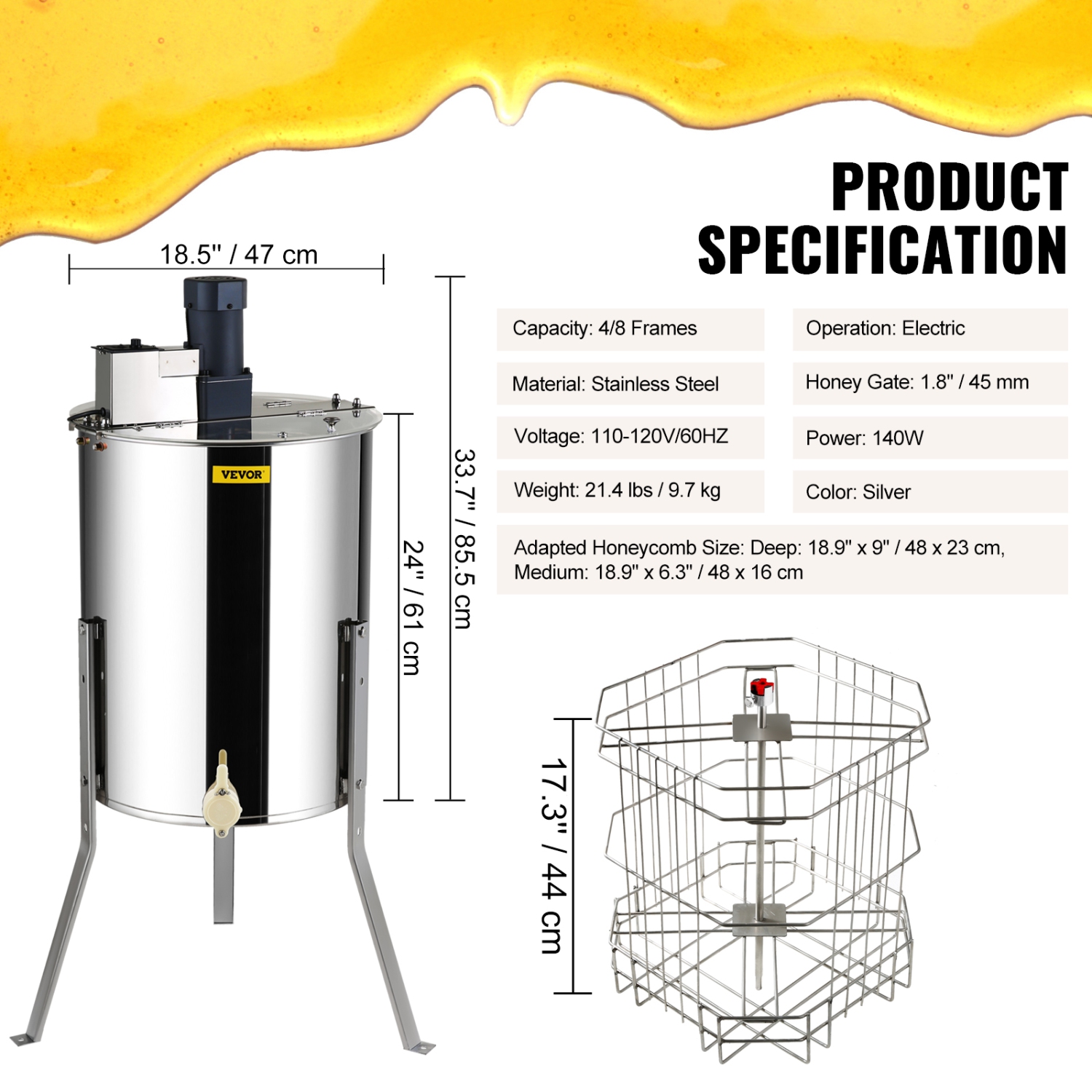VEVOR Electric Honey Extractor, 4/8 Frames Honey Spinner Extractor, Stainless Steel, Honeycomb Drum Spinner with Lid, Apiary Centrifuge Equipment