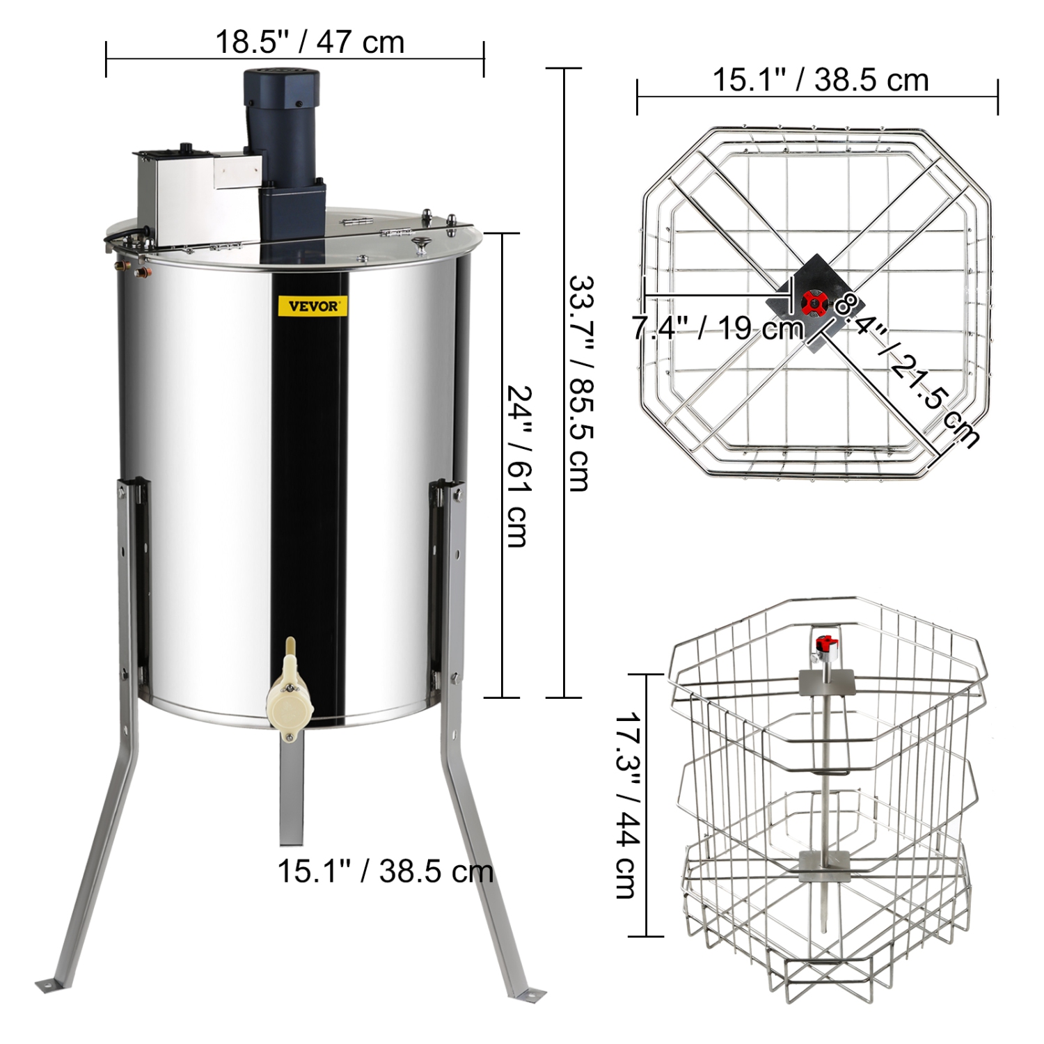 VEVOR Electric Honey Extractor, 4/8 Frames Honey Spinner Extractor, Stainless Steel, Honeycomb Drum Spinner with Lid, Apiary Centrifuge Equipment