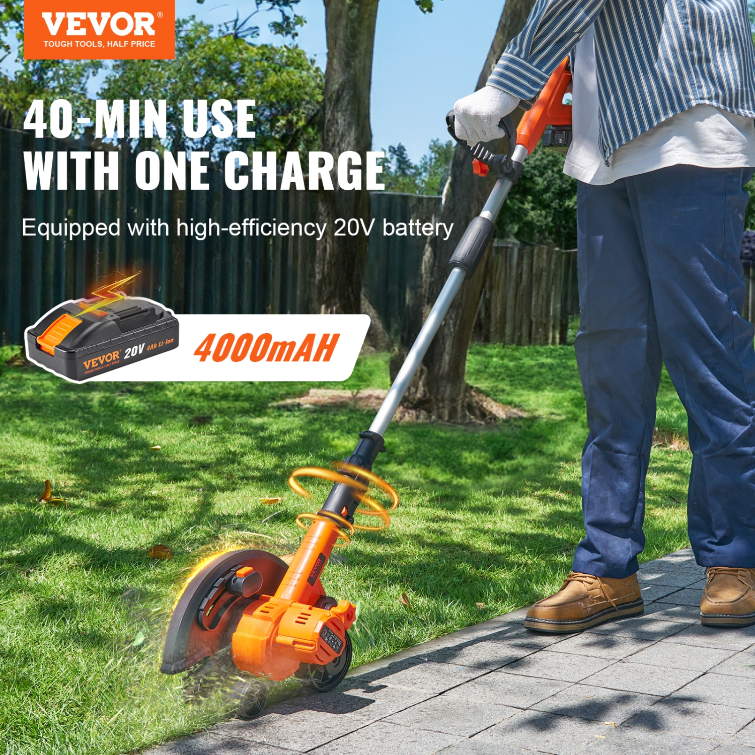VEVOR Lawn Edger, 20V Battery Powered Cordless Edger, 9-inch Blade Edger Lawn Tool with 3-Position Blade Depth, Battery and Charger Included, for