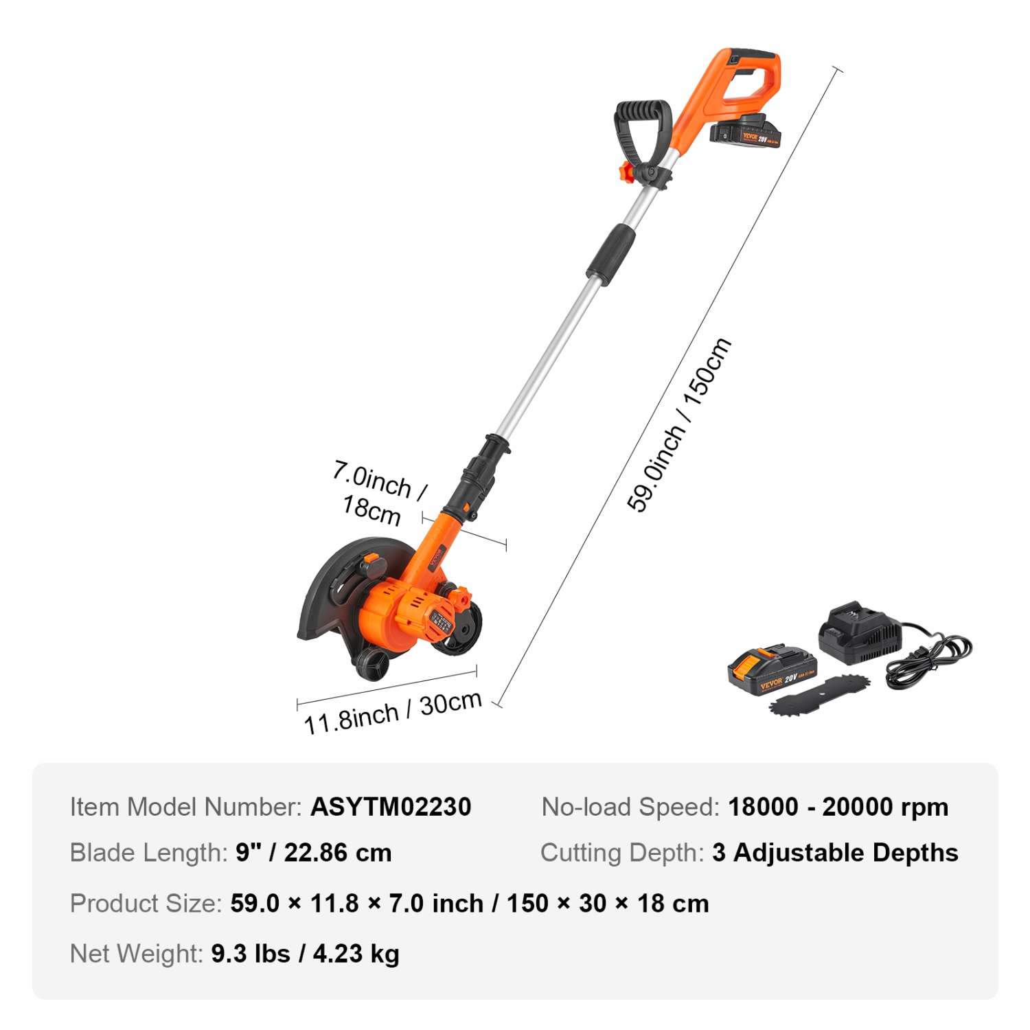 VEVOR Lawn Edger, 20V Battery Powered Cordless Edger, 9-inch Blade Edger Lawn Tool with 3-Position Blade Depth, Battery and Charger Included, for