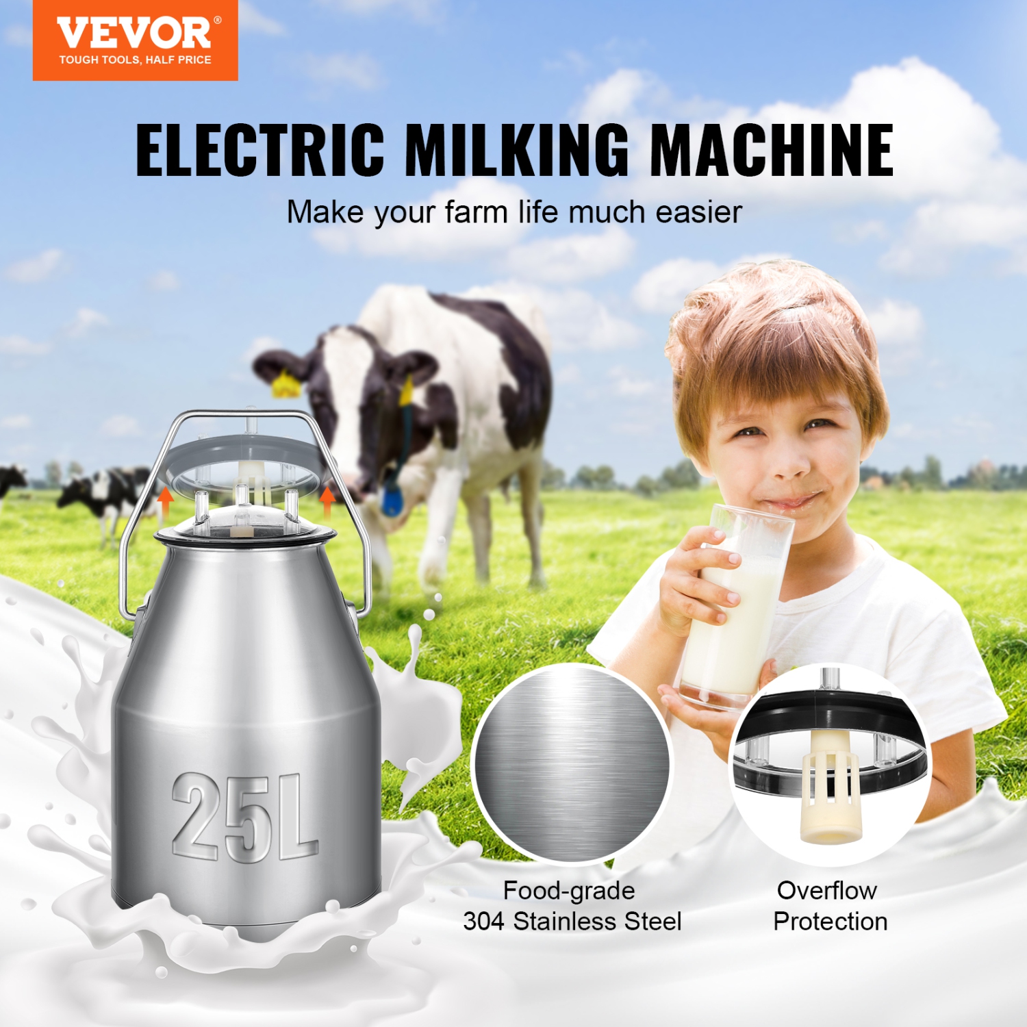 VEVOR 6.6 Gal/25 L Electric Cow Milking Machine, 304 Stainless Steel Bucket, Automatic Pulsation Vacuum Milker, with Food-grade Silicone Cups and