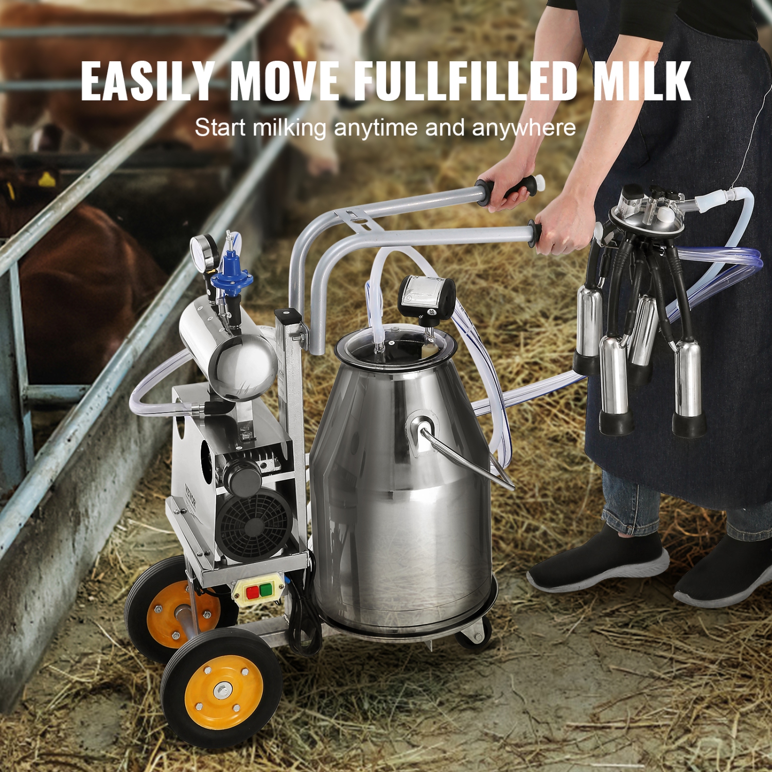 VEVOR 6.6 Gal/25 L Electric Cow Milking Machine, 304 Stainless Steel Bucket, Automatic Pulsation Vacuum Milker, with Food-grade Silicone Cups and