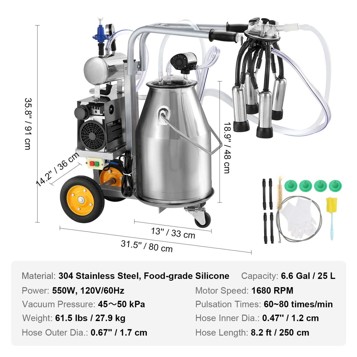 VEVOR 6.6 Gal/25 L Electric Cow Milking Machine, 304 Stainless Steel Bucket, Automatic Pulsation Vacuum Milker, with Food-grade Silicone Cups and