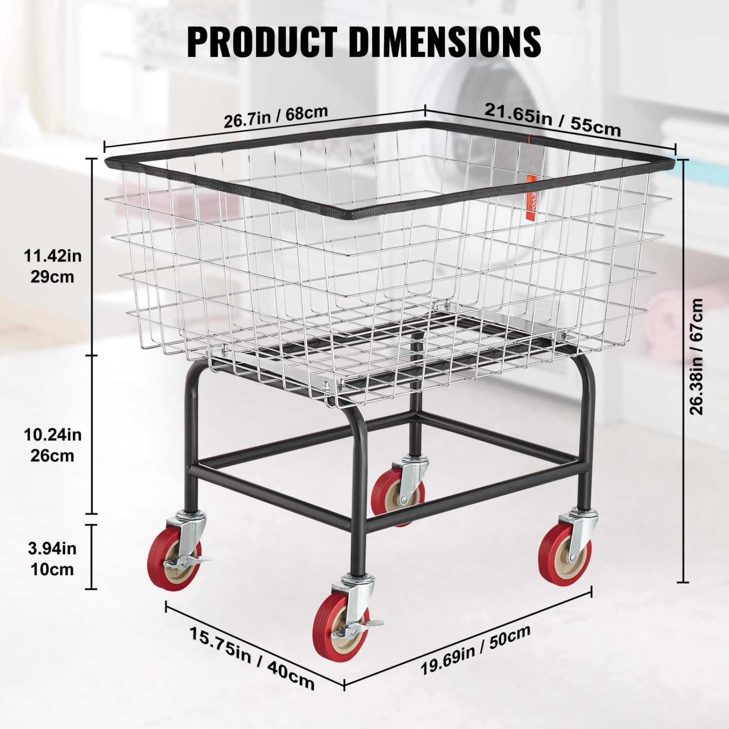 VEVOR 26.7''x21.7''x26.4'' Wire Laundry Cart, 2.8Bushel Wire Laundry Basket with Wheels, Commercial Wire Laundry Basket Cart, Steel Frame with Chrome
