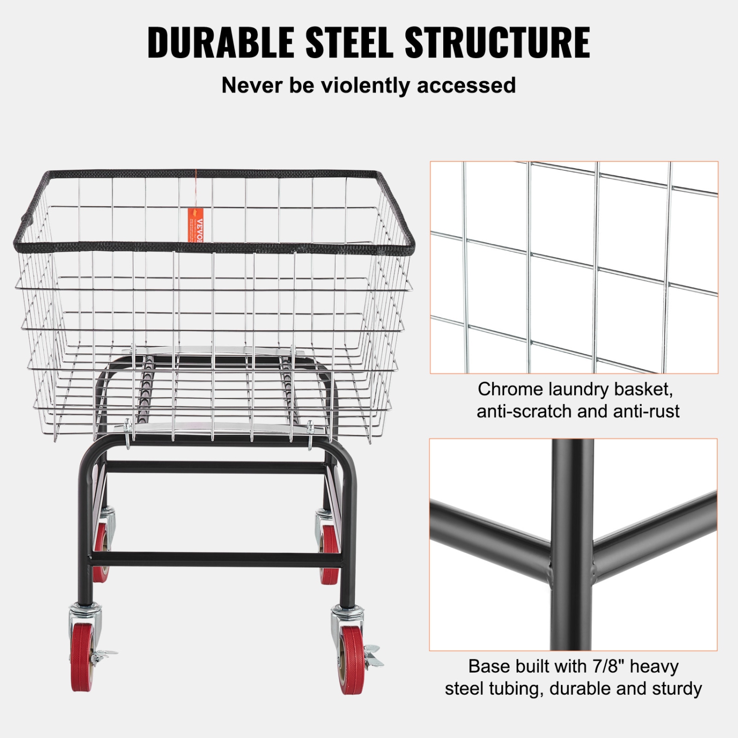 VEVOR 26.7''x21.7''x26.4'' Wire Laundry Cart, 2.8Bushel Wire Laundry Basket with Wheels, Commercial Wire Laundry Basket Cart, Steel Frame with Chrome
