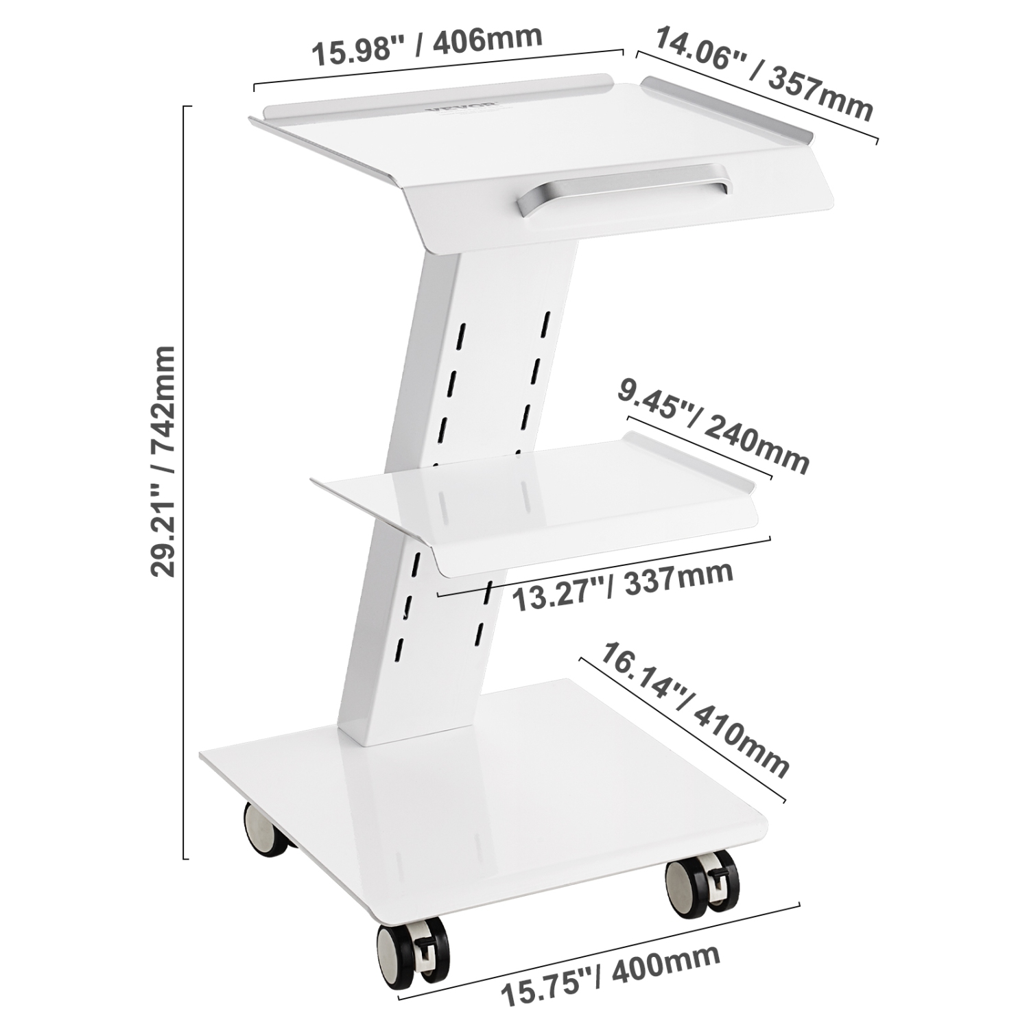VEVOR 3-Layer Lab Trolley, Rolling Lab Cart with Built-in Socket, Metal Mobile Trolley, Tray Rolling Clinic Cart with Swivel Wheels, 220 lbs Weight