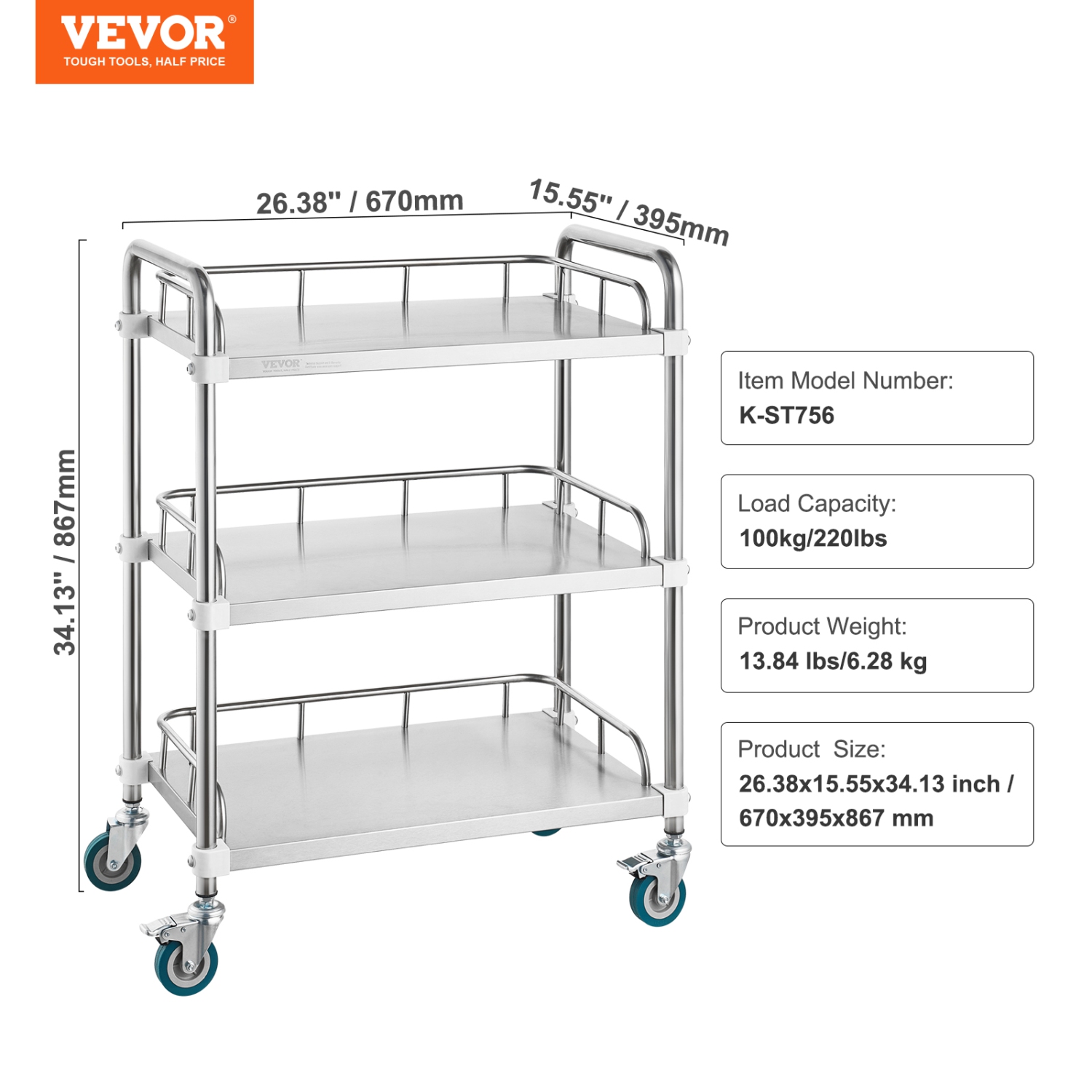 VEVOR 3-Shelf Lab Rolling Cart, Stainless Steel Rolling Cart, Lab Serving Cart with Swivel Casters, Dental Utility Cart for Clinic, Lab, Hospital,